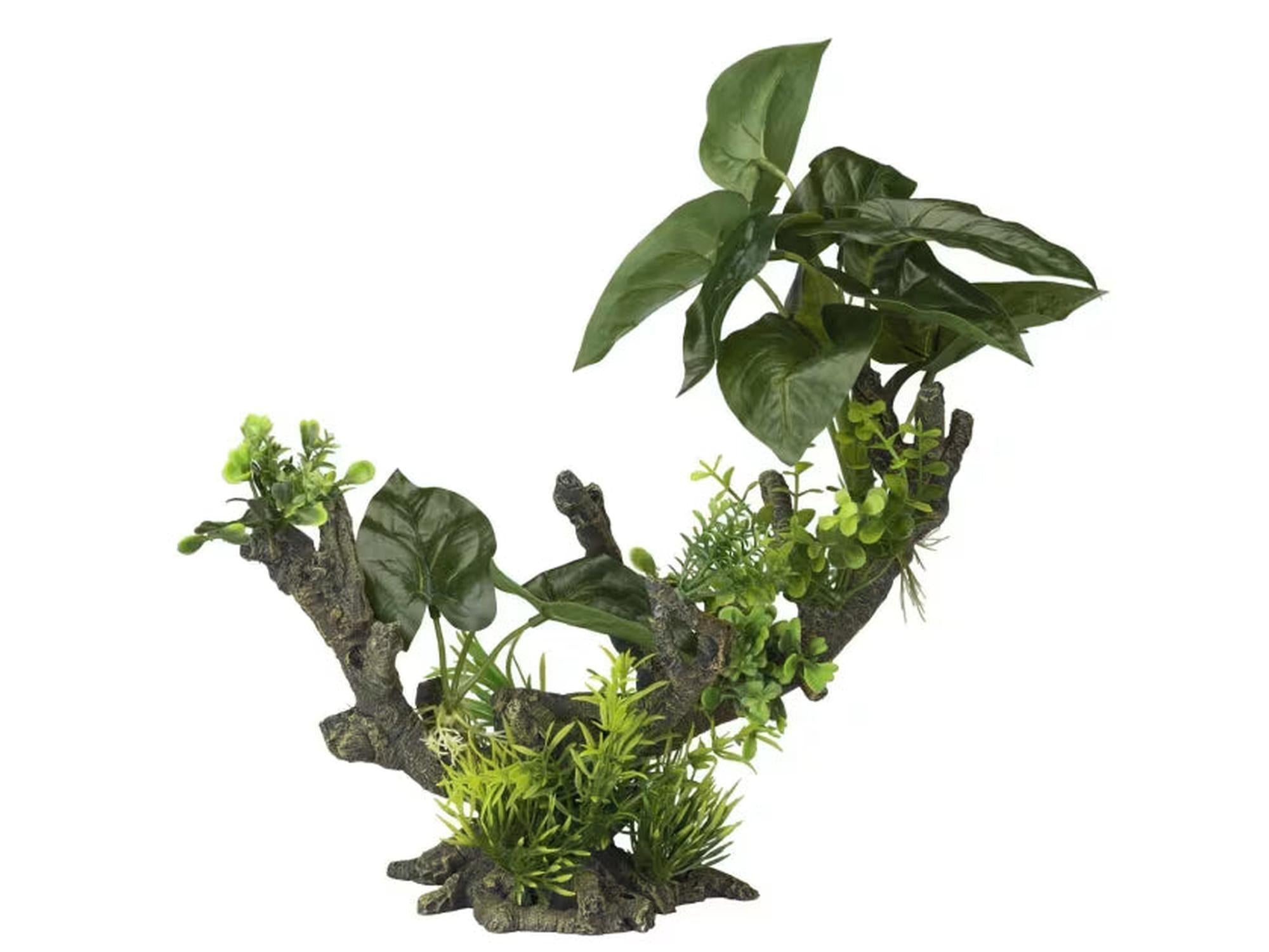 Dekorativ akvarierot i mørkt tre med grønne kunstige planter, 28x15x23,5 cm.