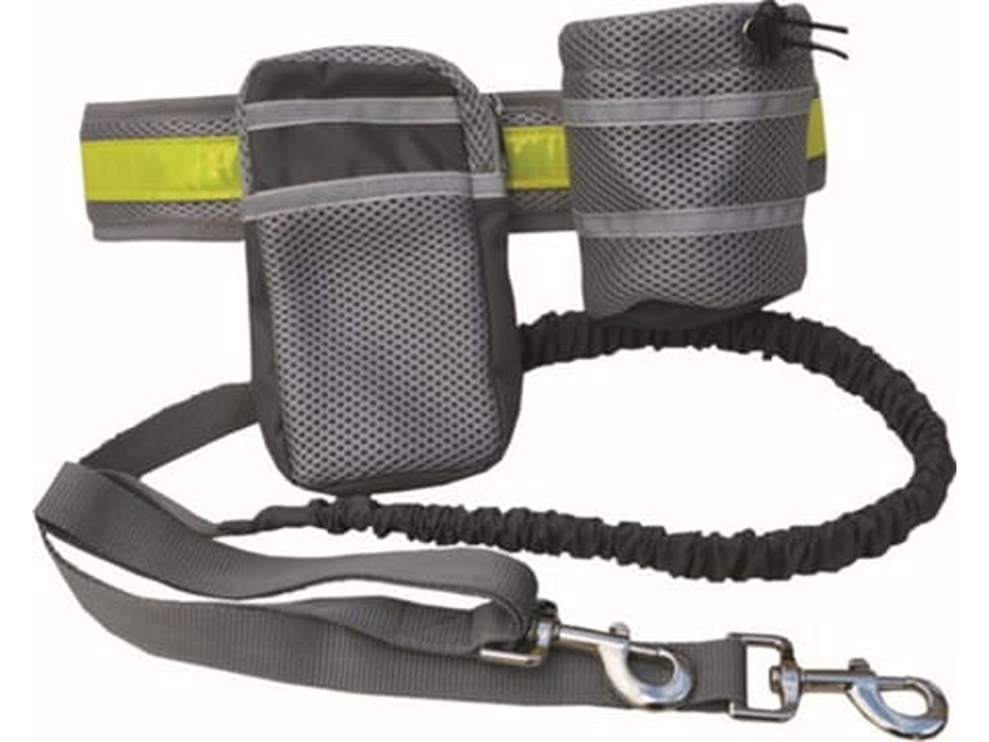 Grått Trine joggebelte med refleksdetaljer, to tasker, og elastisk line for handsfree hundeturer.