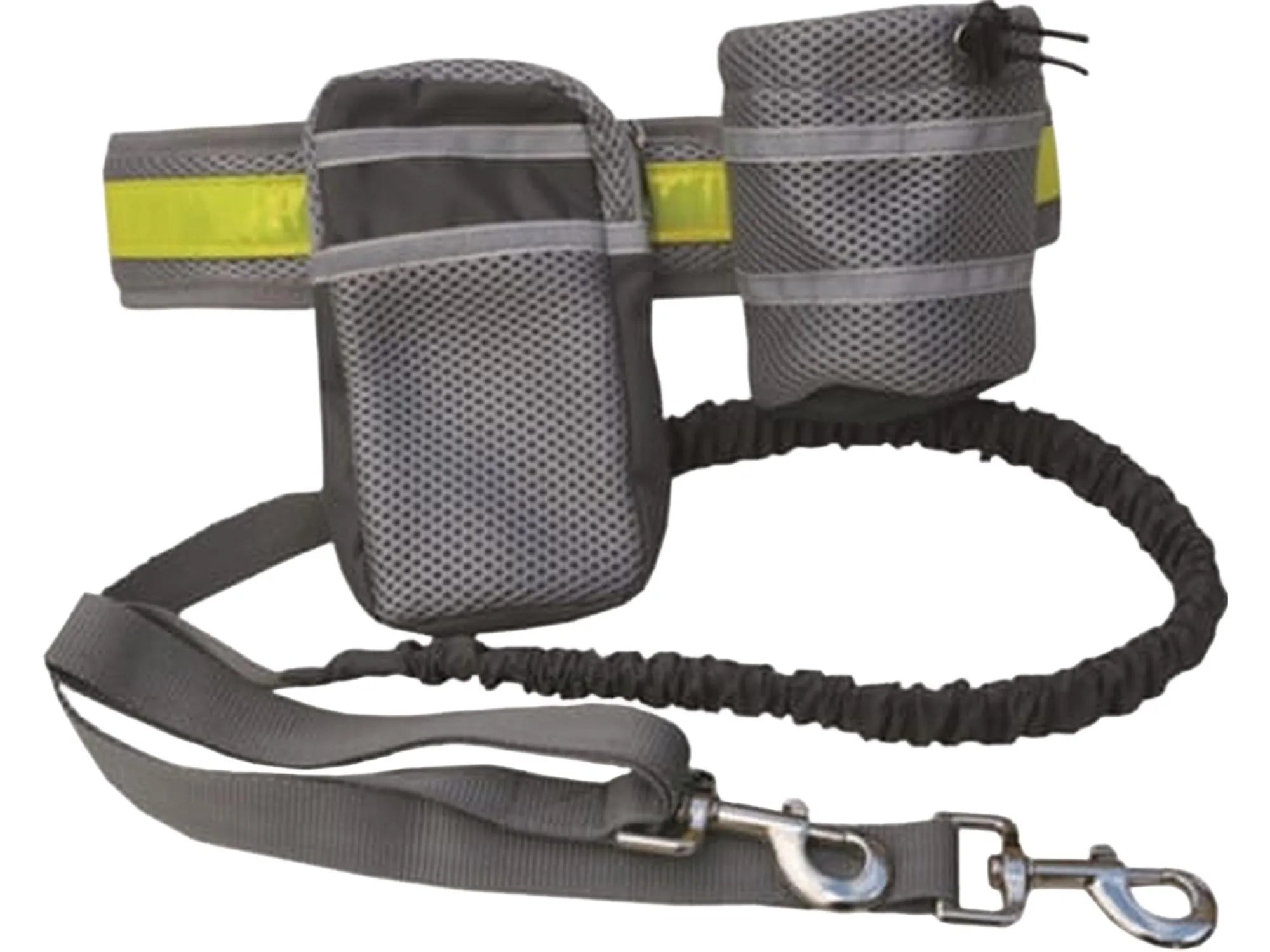 Grått Trine joggebelte med refleksdetaljer, to tasker, og elastisk line for handsfree hundeturer.