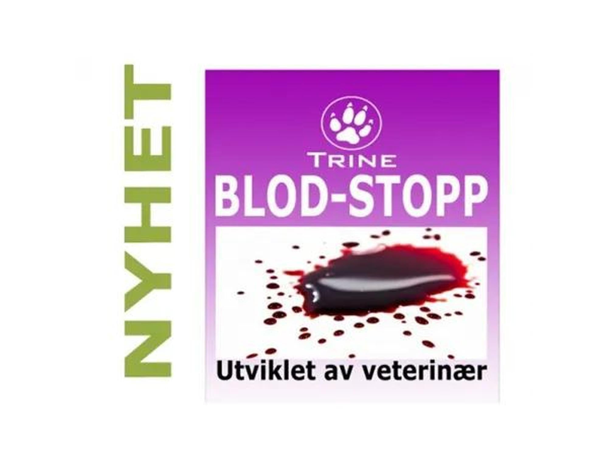 Trine Blod-Stopp pulver for hund og katt, lilla og hvit pakke med bloddråpe.