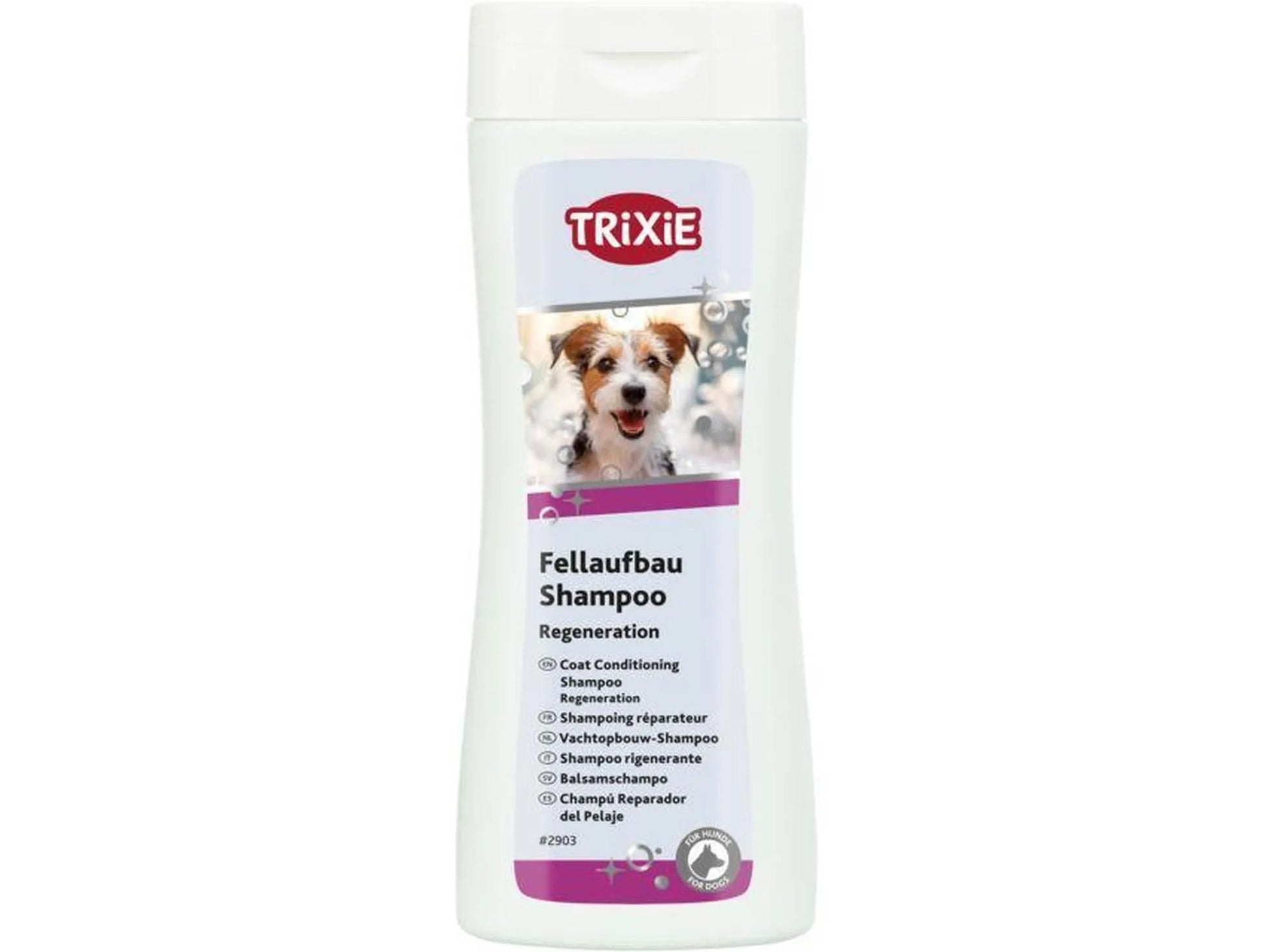 Hvit Trixie Fellaufbau Shampoo flaske med bilde av en hund og lilla detaljer, 250 ml.