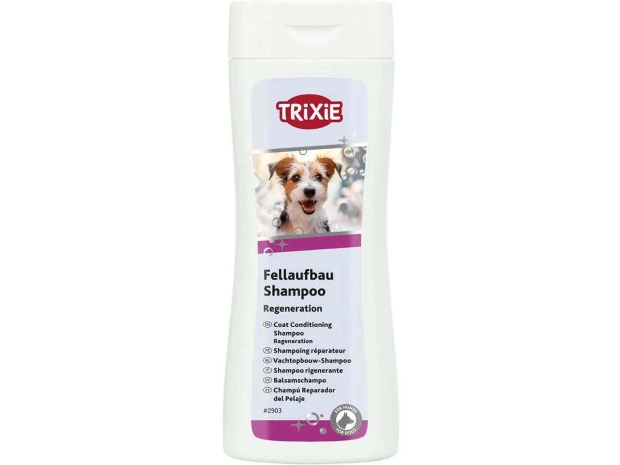 Hvit Trixie Fellaufbau Shampoo flaske med bilde av en hund og lilla detaljer, 250 ml.