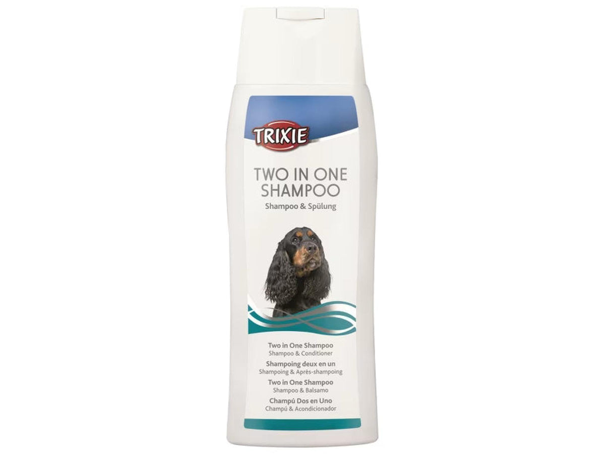 Hvit Trixie 2i1 shampoo og balsam flaske, 250 ml, med bilde av en svart og brun hund.