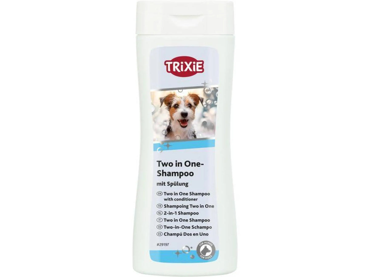 Trixie 2i1 Shampoo og Balsam 250 ml, hvit flaske med bilde av en hund.