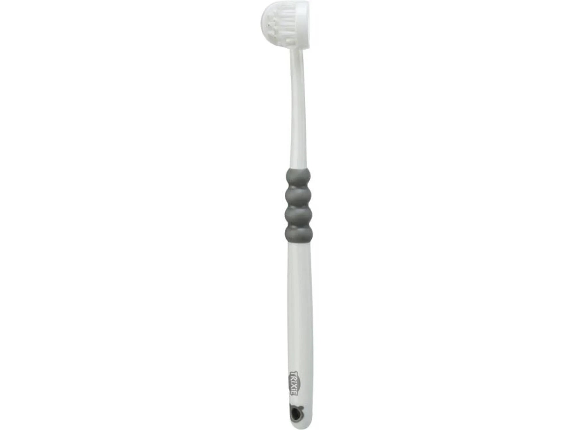 Hvit Trixie 3-hodet tannbørste med grå grepdetaljer, 18 cm lang, for hund og katt.