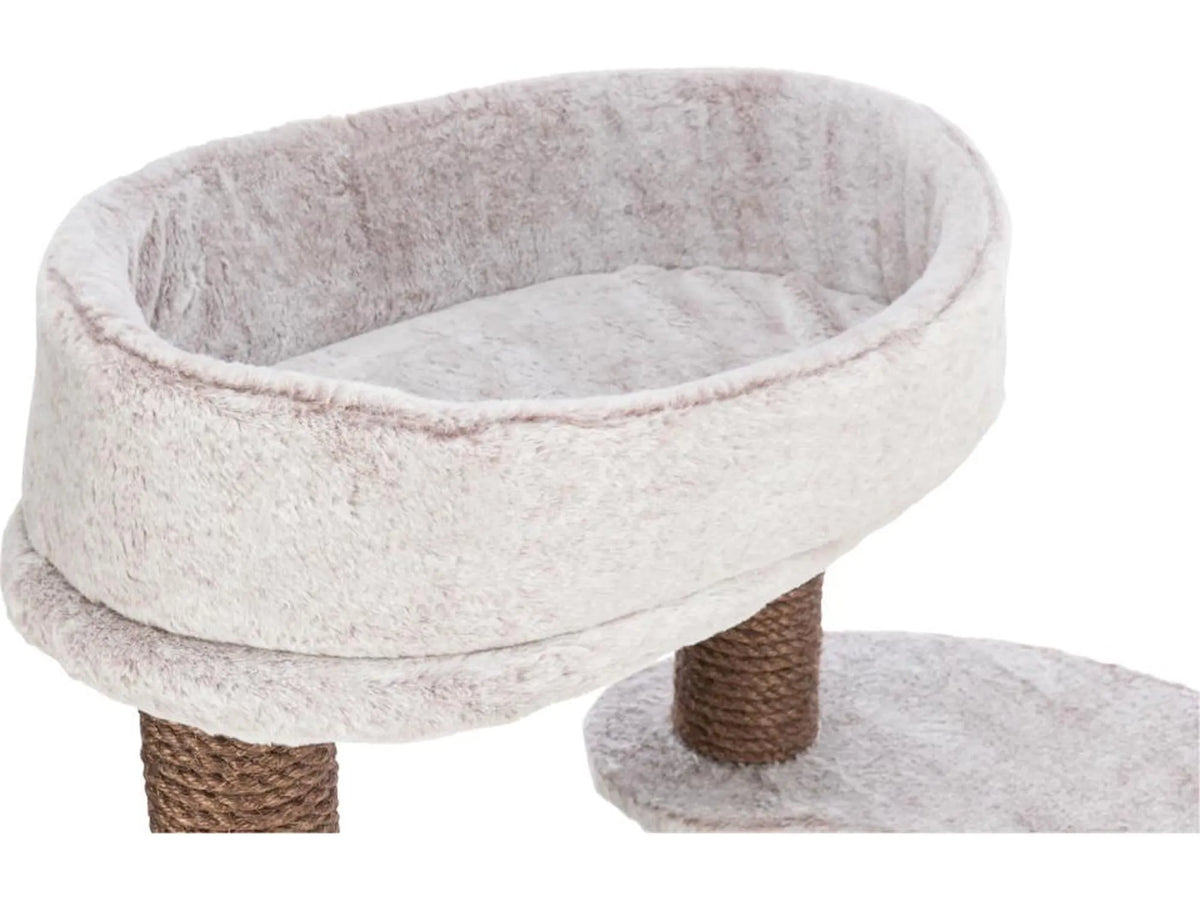 Trixie Afonso klorestativ med myk, lys beige plysj og sisalkledde stolper.