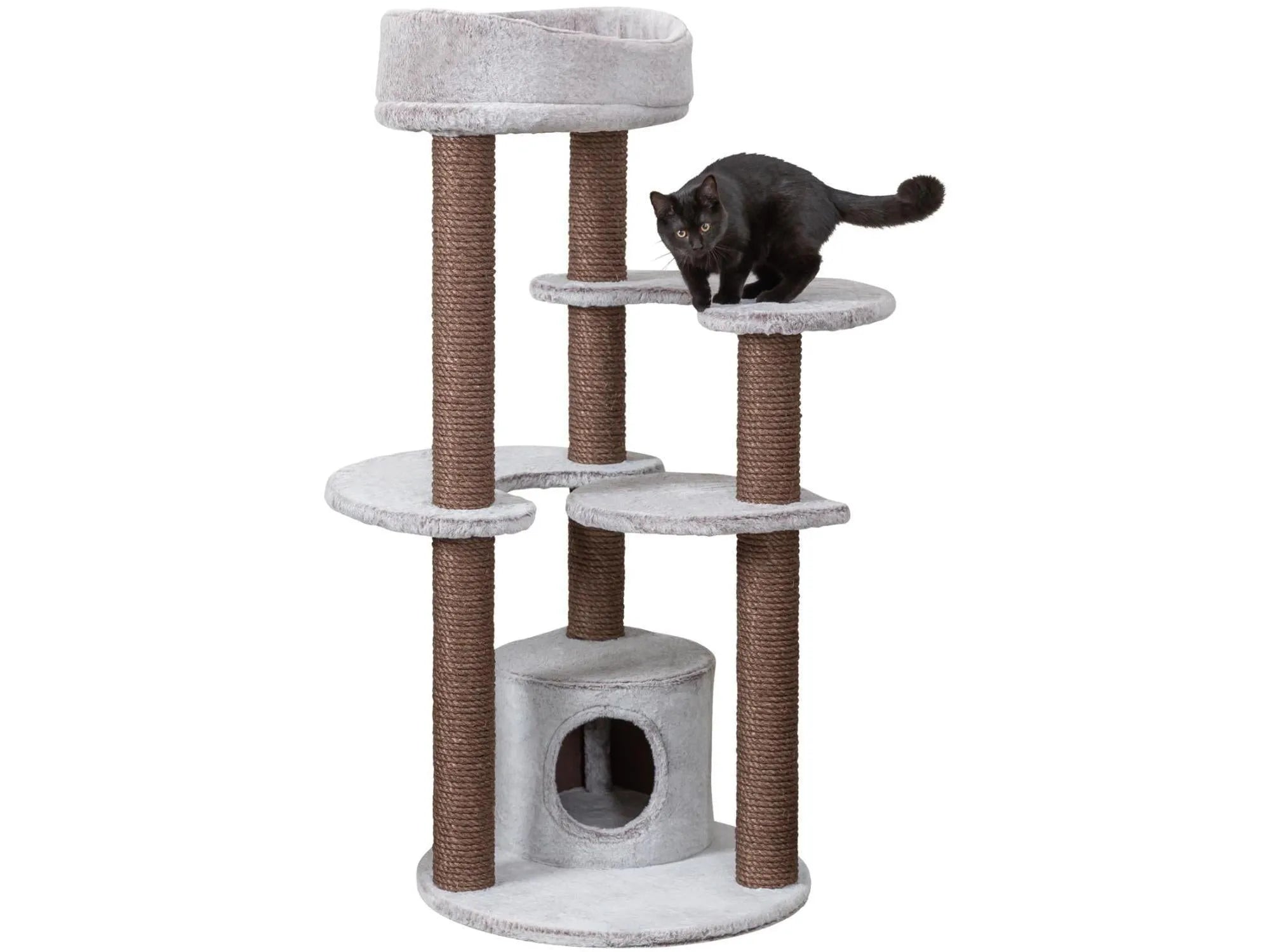 Trixie Afonso klorestativ i grå og brun sisal med flere nivåer, hule og en svart katt.