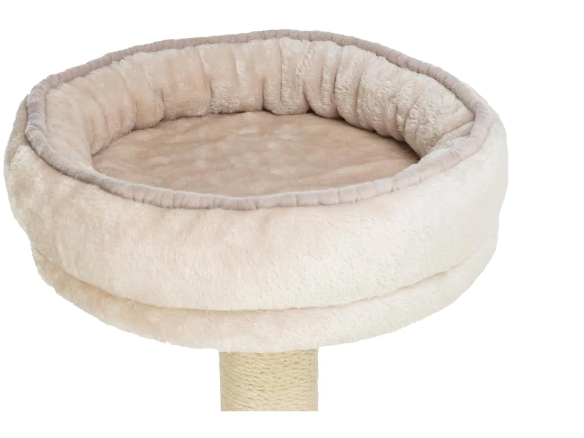 Beige, myk kattseng med polstret kant, festet til en sisal-kledd klorestolpe.