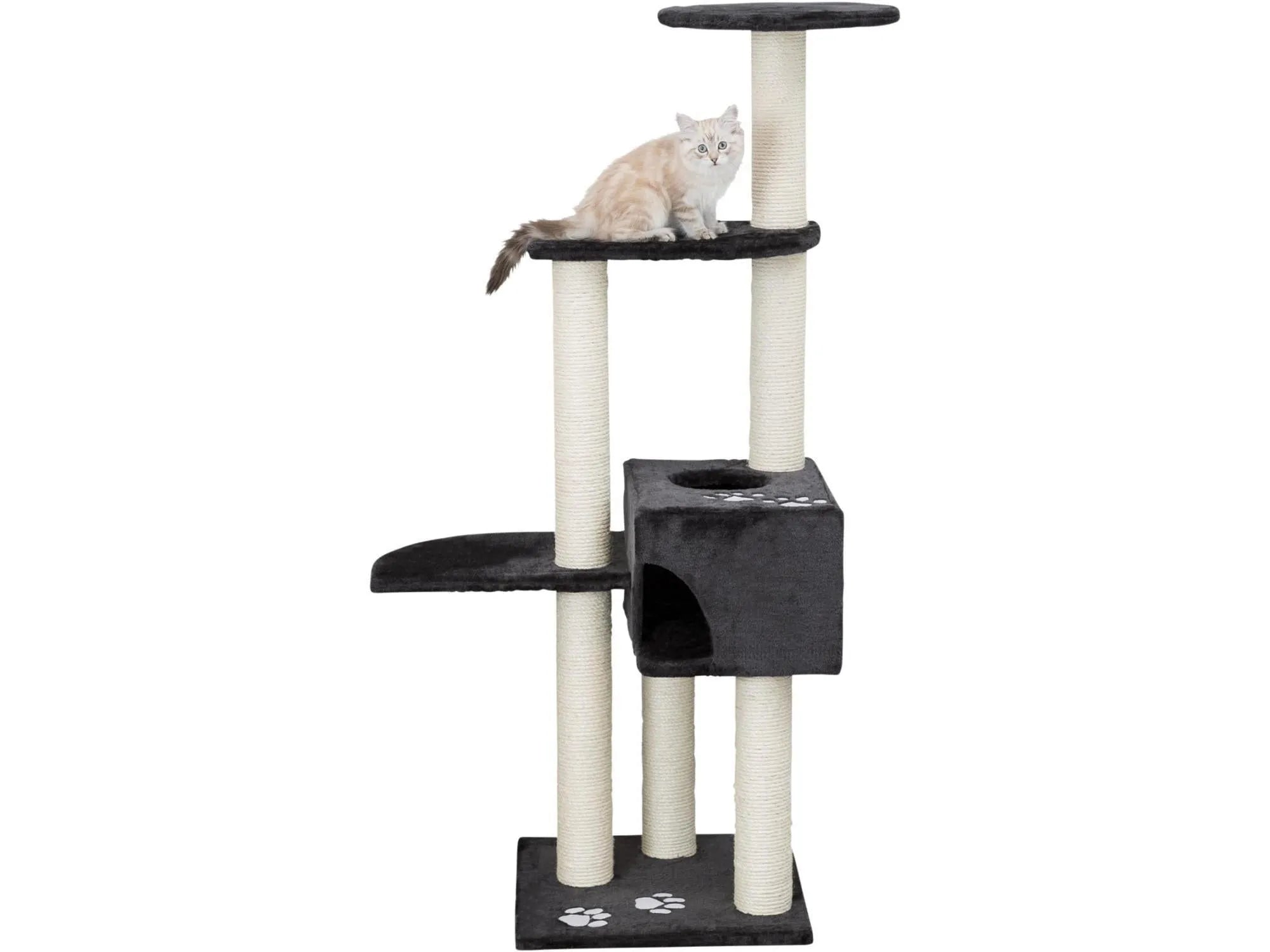 Trixie Alicante kattemøbel i svart og beige med sisal klorestolper, hule, plattformer og en katt.