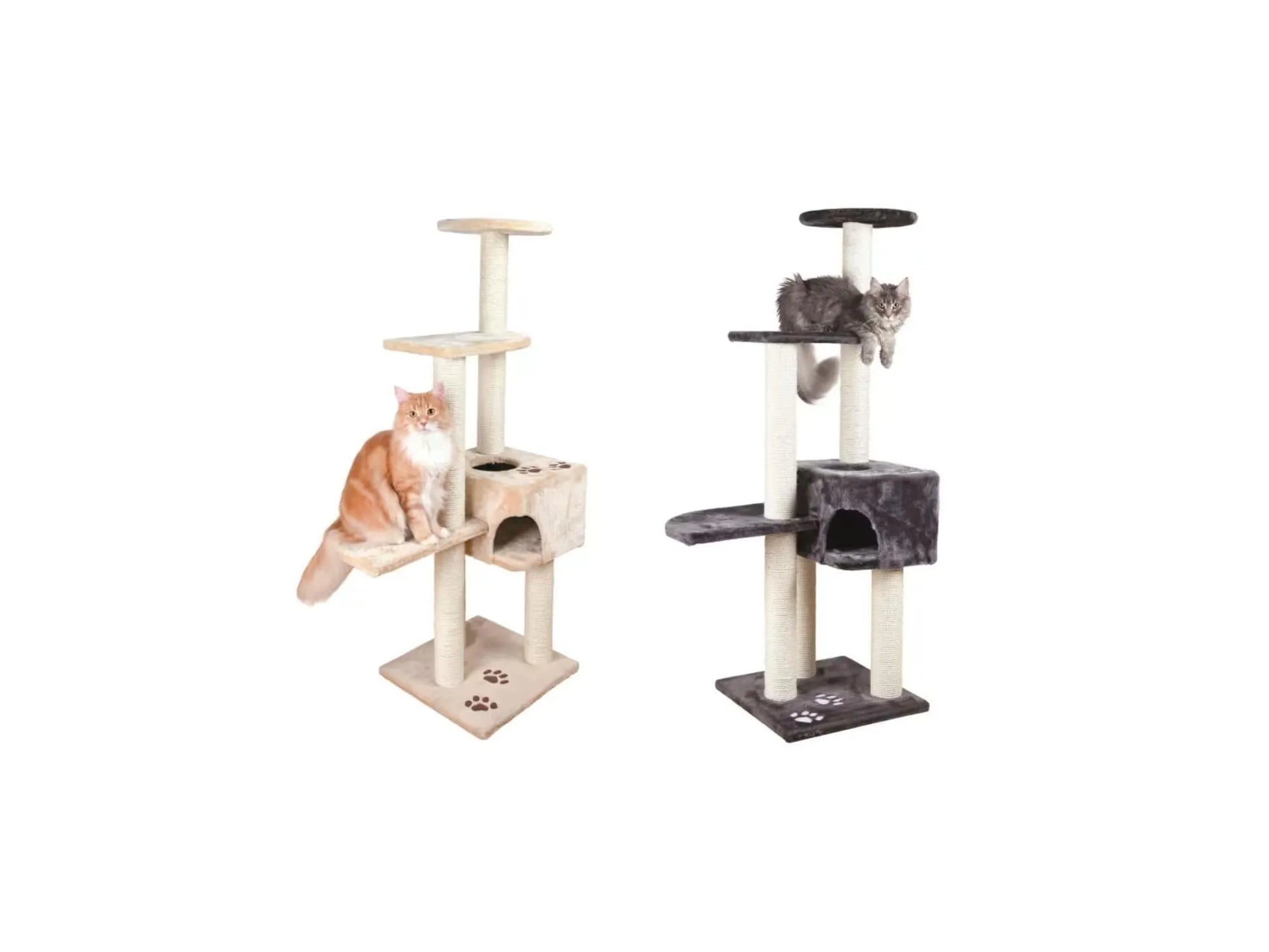 Trixie Alicante kattemøbel i beige med oransje katt, og mørkegrå med to grå kattunger. Sisal klorestolper, huler og plattformer.