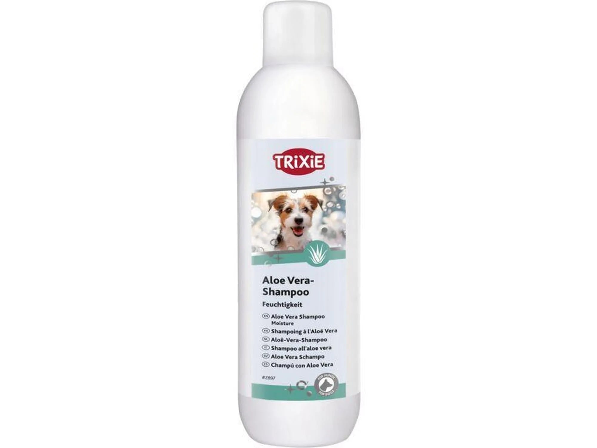 Hvit Trixie Aloe Vera Shampoo flaske for sensitiv hud, med bilde av en hund.