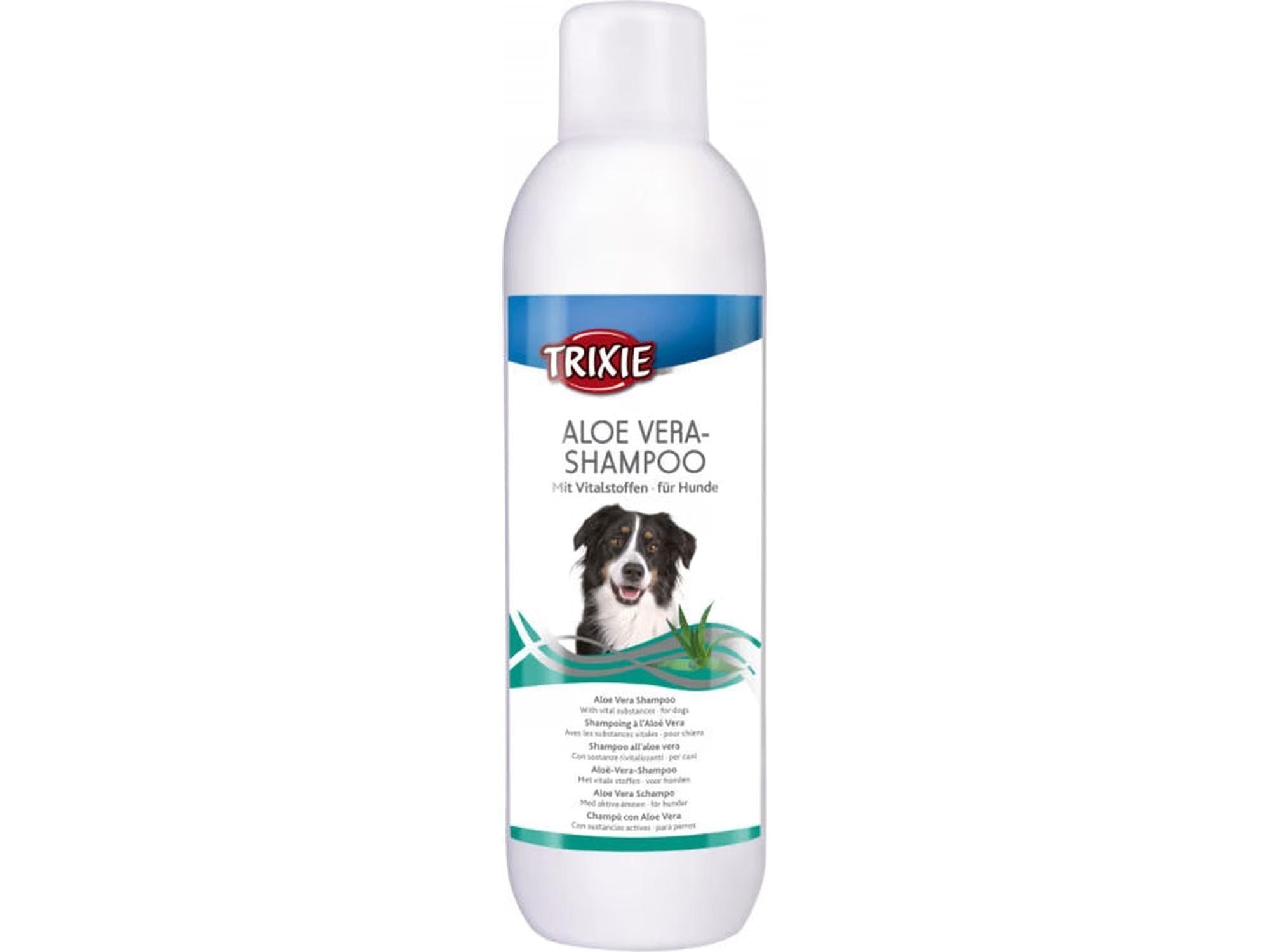 Hvit Trixie Aloe Vera Shampoo flaske for sensitiv hundehud, med bilde av en hund.