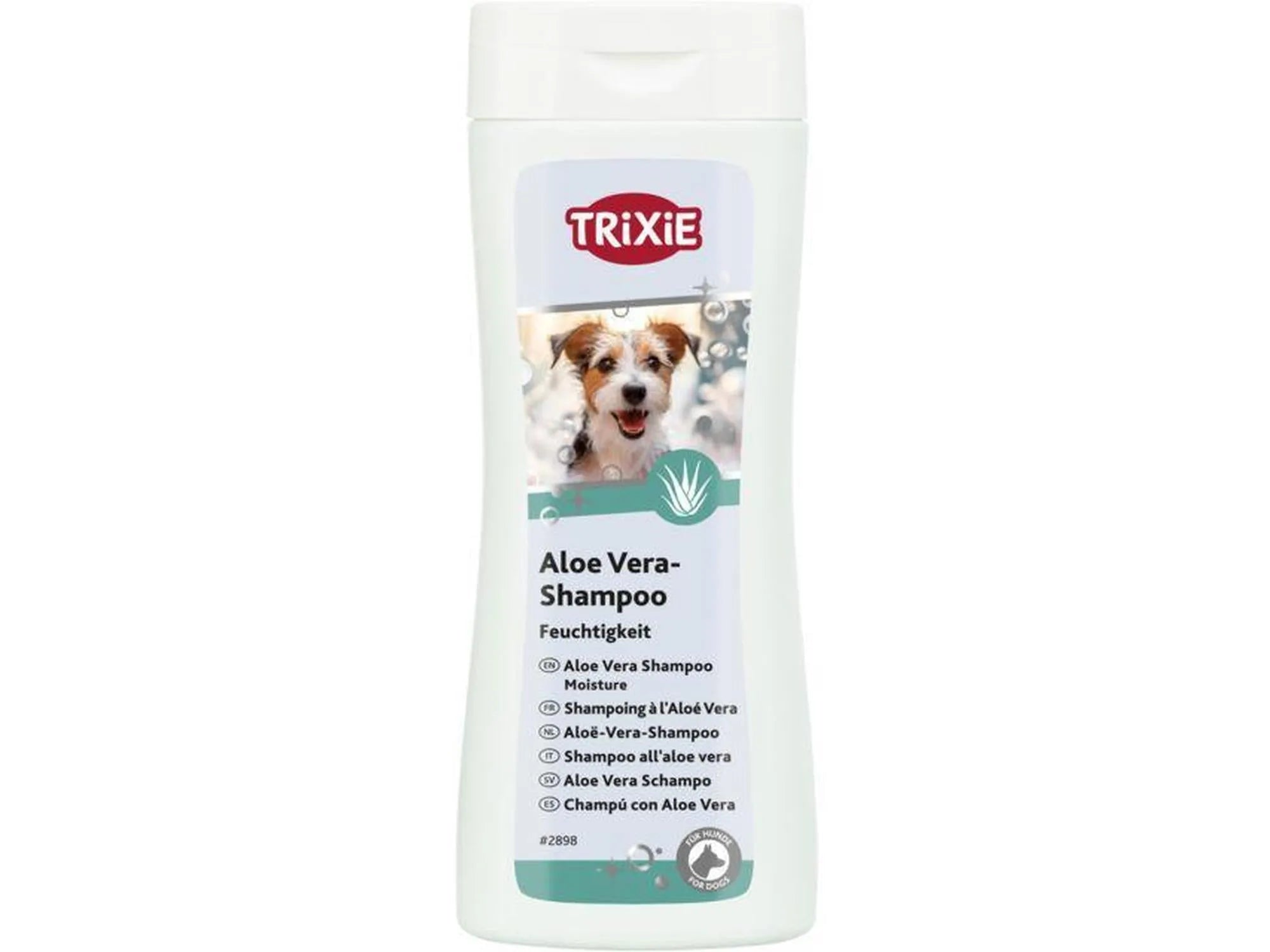 Hvit Trixie Aloe Vera Shampoo flaske med bilde av en hund og grønn aloe vera-logo.