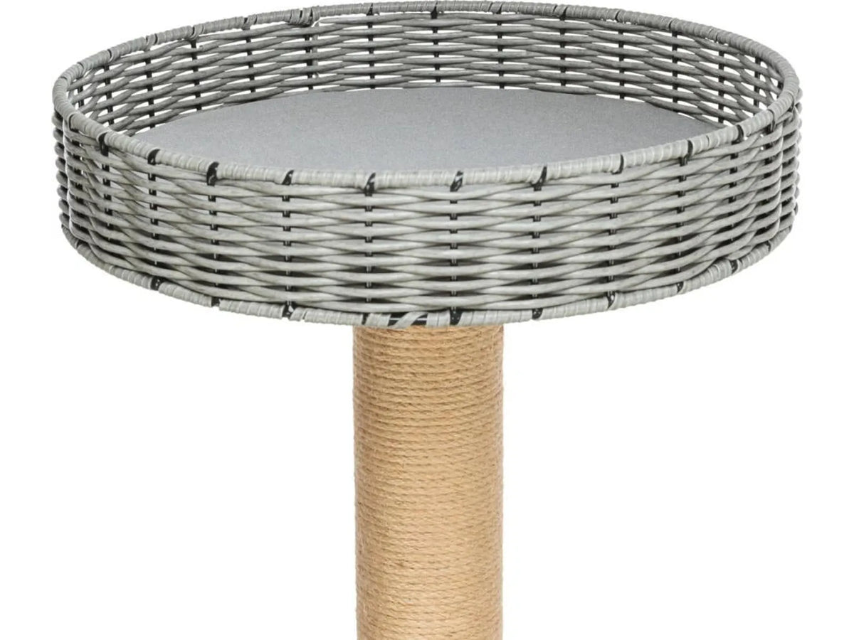 Grått Trixie Amalia utendørs kloretre med polyrattan-hule, koseseng og jute-stolper.