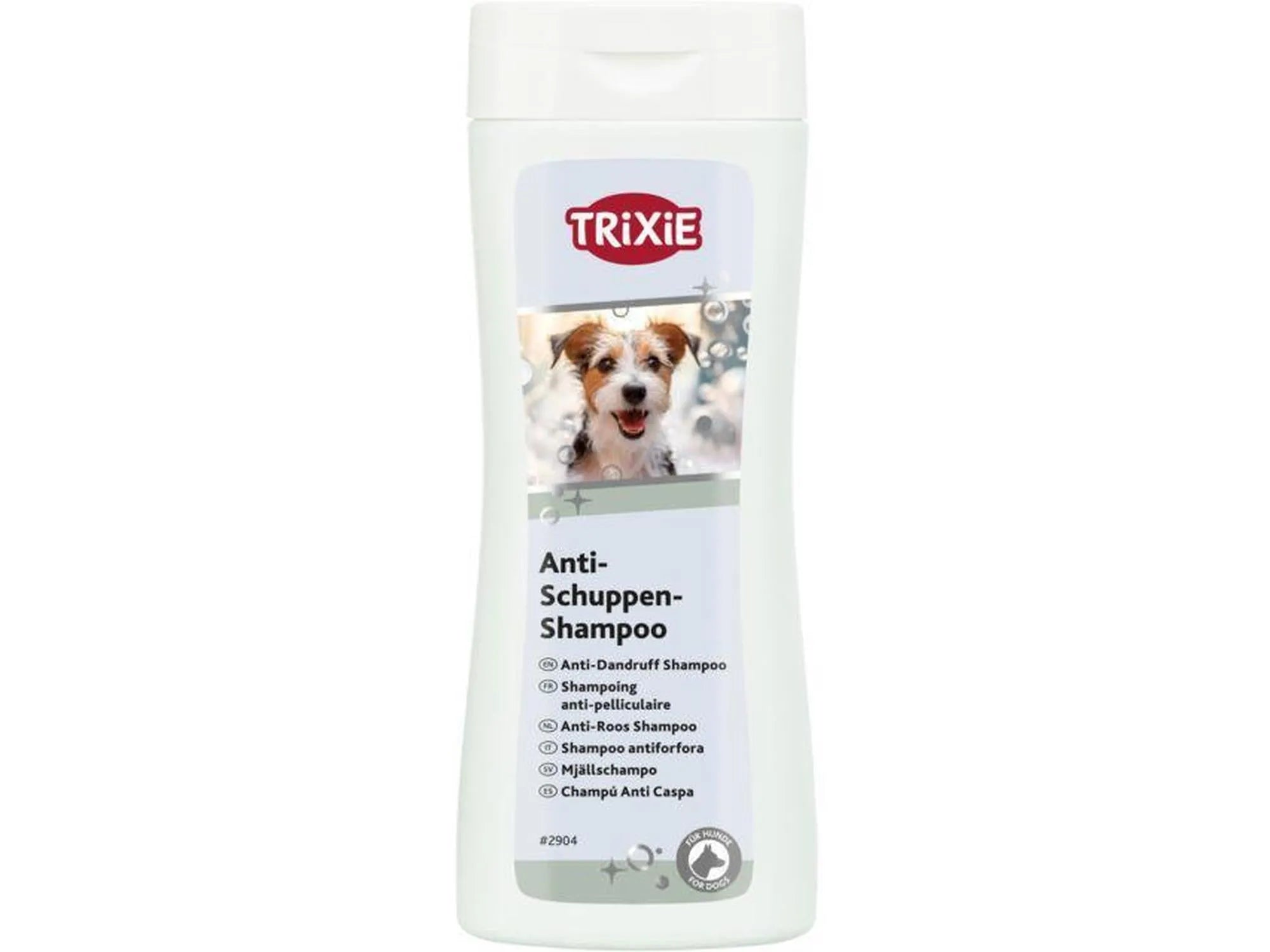 Hvit Trixie Anti-Schuppen-Shampoo 250 ml flaske med bilde av en hund og bobler.