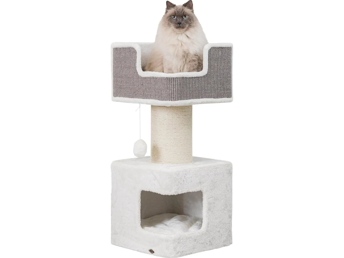 Trixie Ava klorestativ i hvitt og grått med sisalstolpe, hule, seng, og en ragdollkatt.