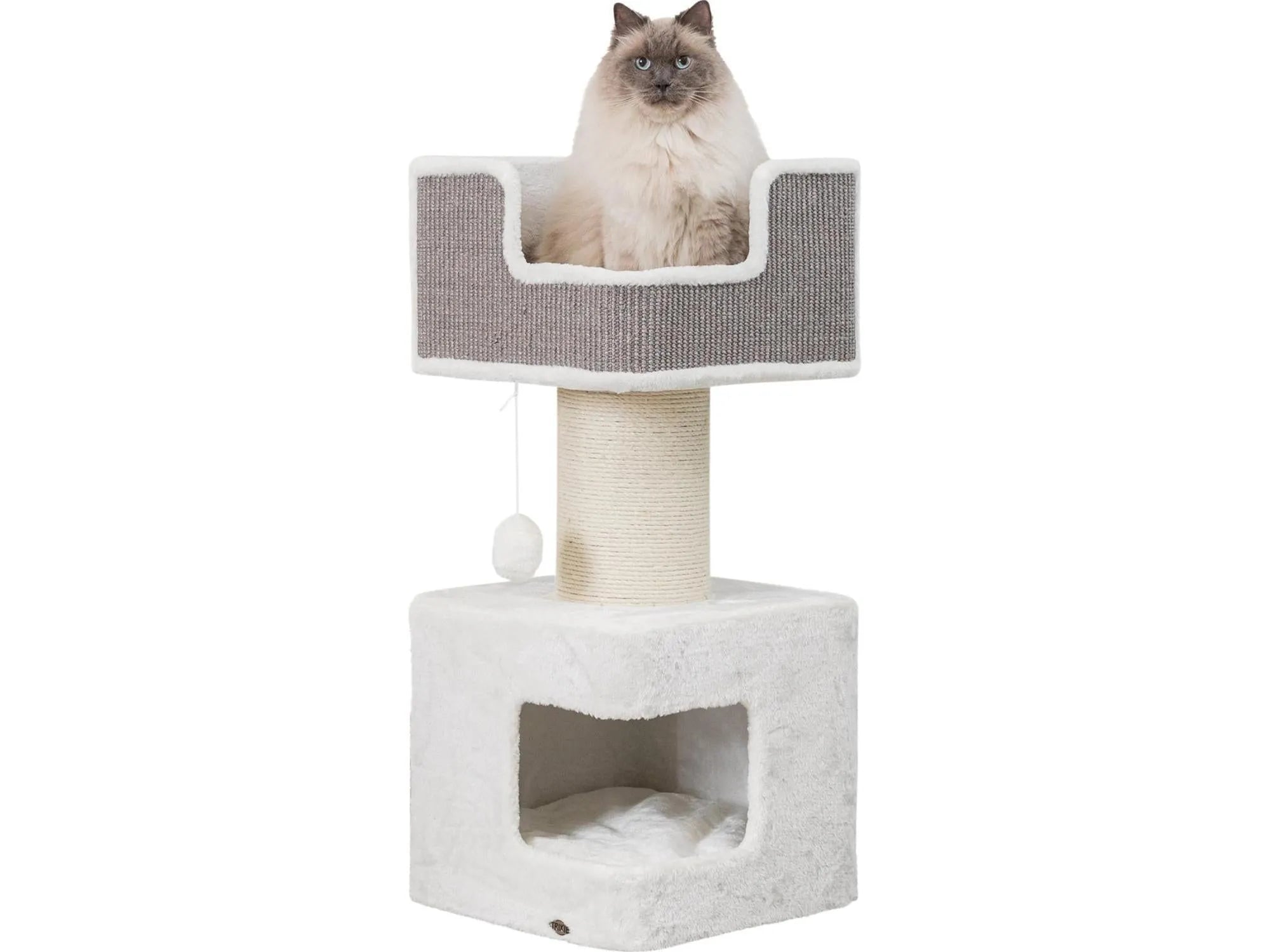 Trixie Ava klorestativ i hvitt og grått med sisalstolpe, hule, seng, og en ragdollkatt.