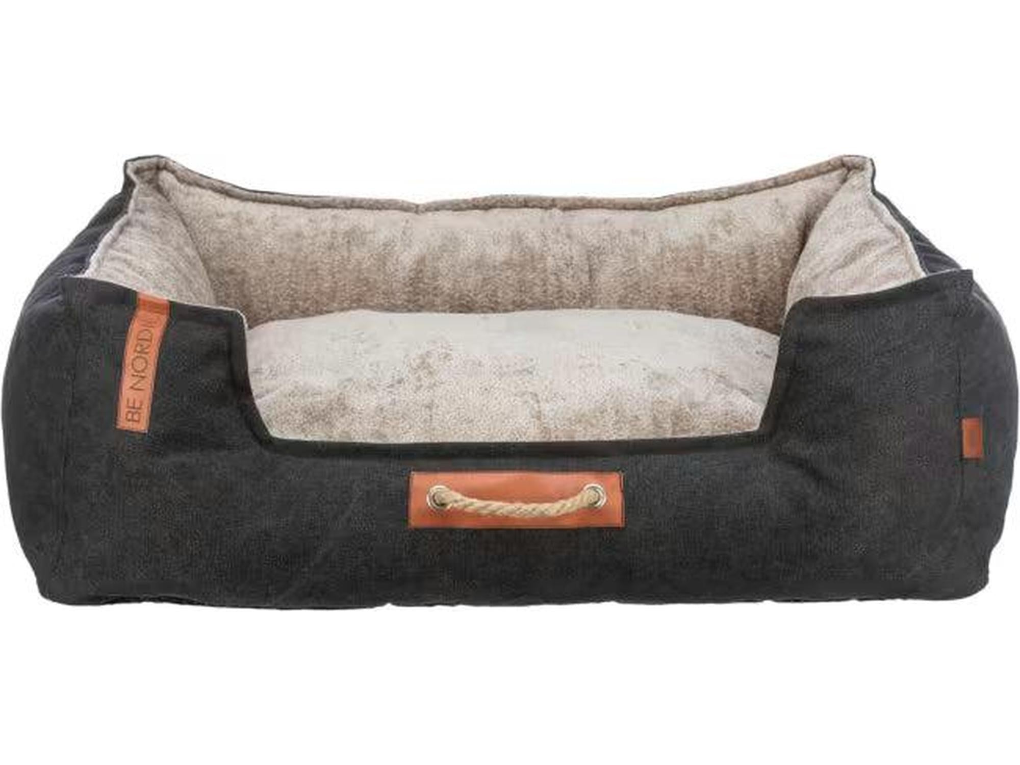 Trixie BE NORDIC hundeseng i sort canvas og beige softplysj med maritimt bærehåndtak og integrert pute.