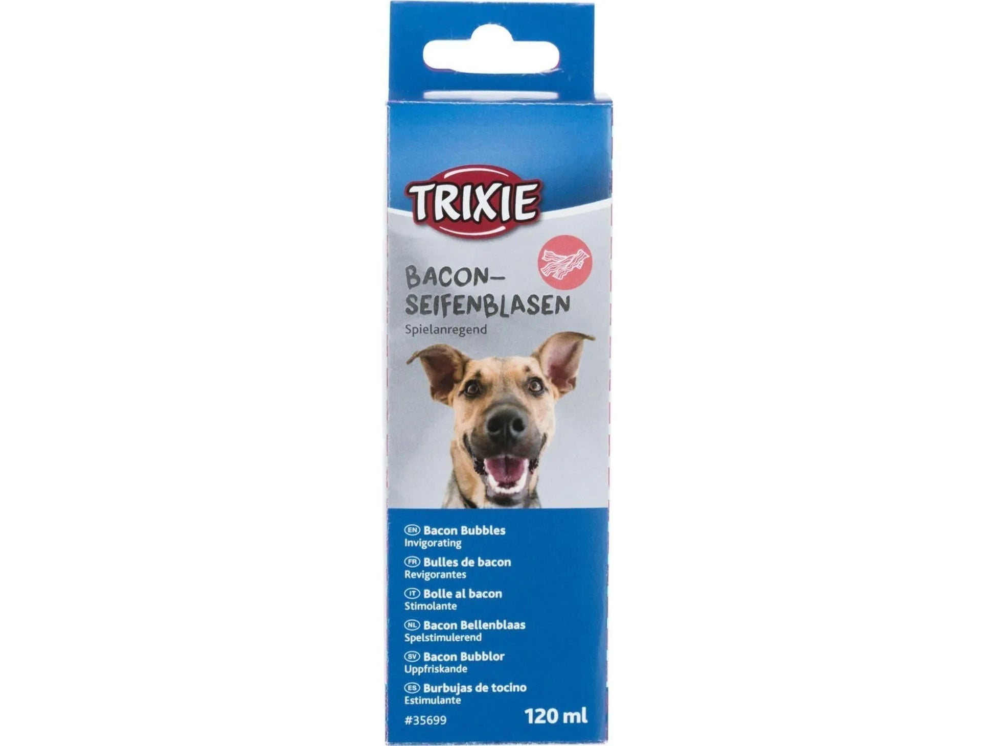 Blå Trixie Bacon Bobler 120 ml eske med bilde av en smilende hund.