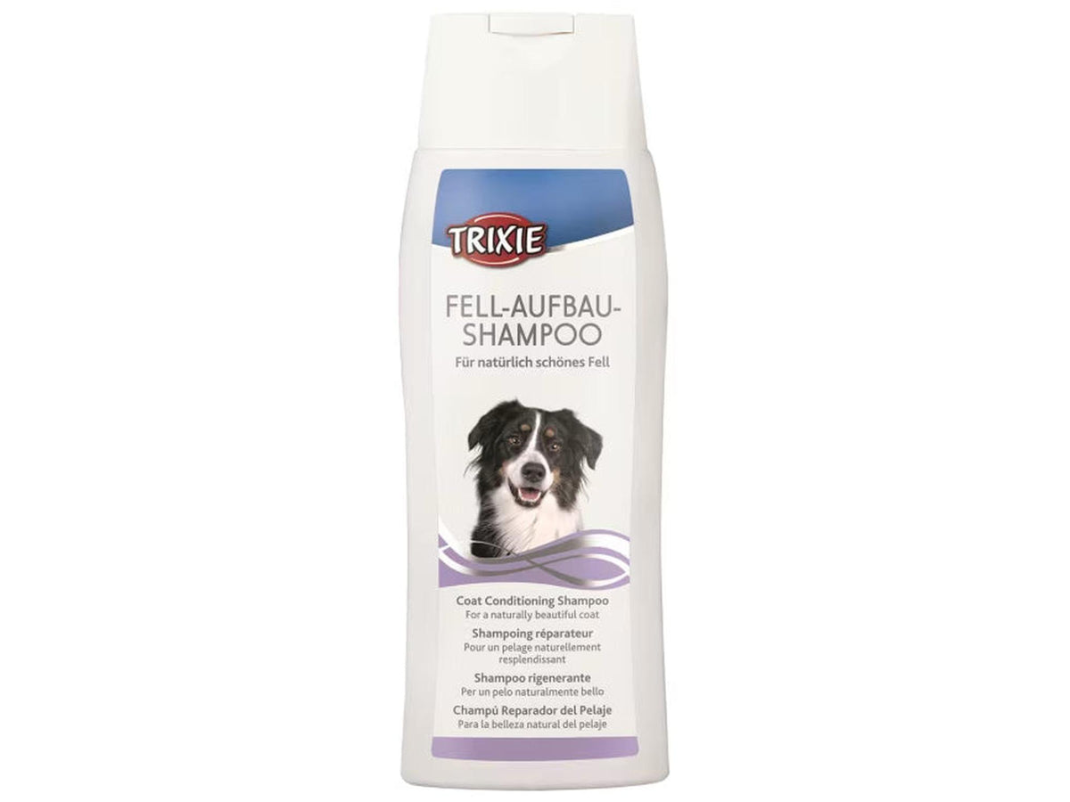 Trixie Balsamshampoo 250 ml – hvit flaske med lilla etikett, forebygger floker og bygger opp pelsen