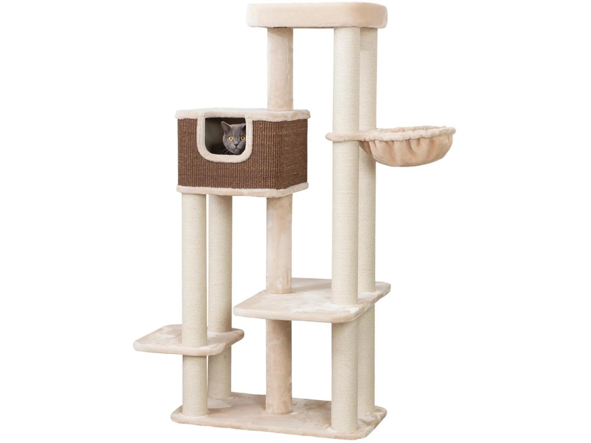 Trixie Bertholo katteklorestativ i beige plysj og sisal, med hule, hengekøye og flere nivåer.