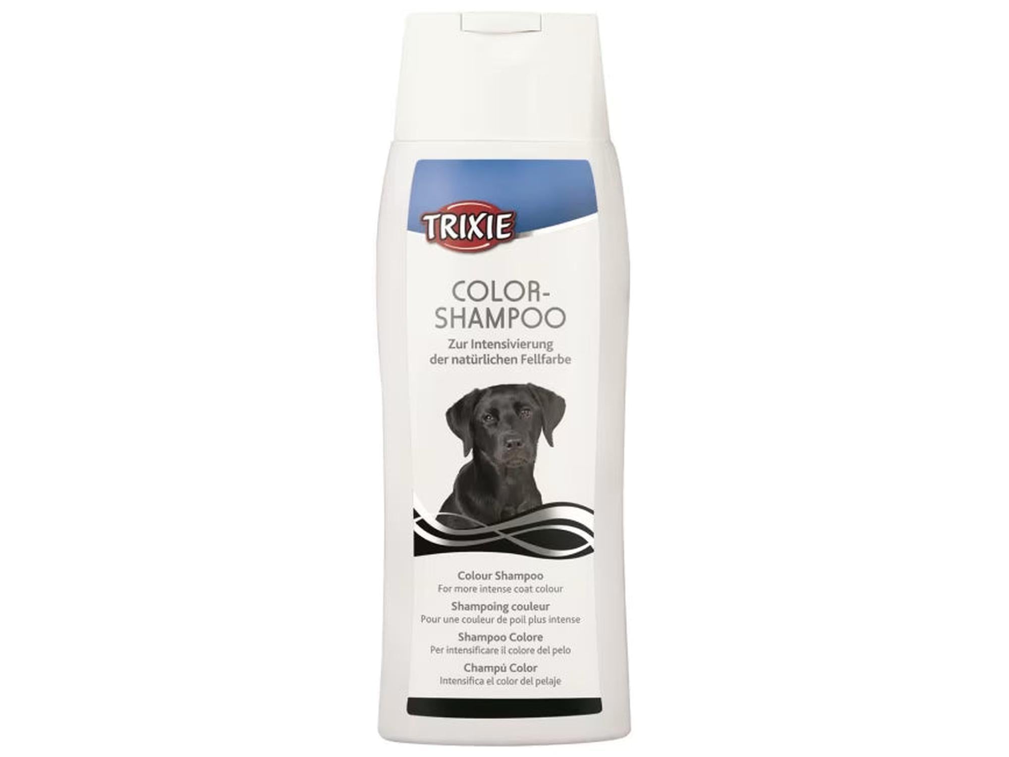 Trixie Color-Shampoo 250 ml for mørk pels, med bilde av en svart labrador.