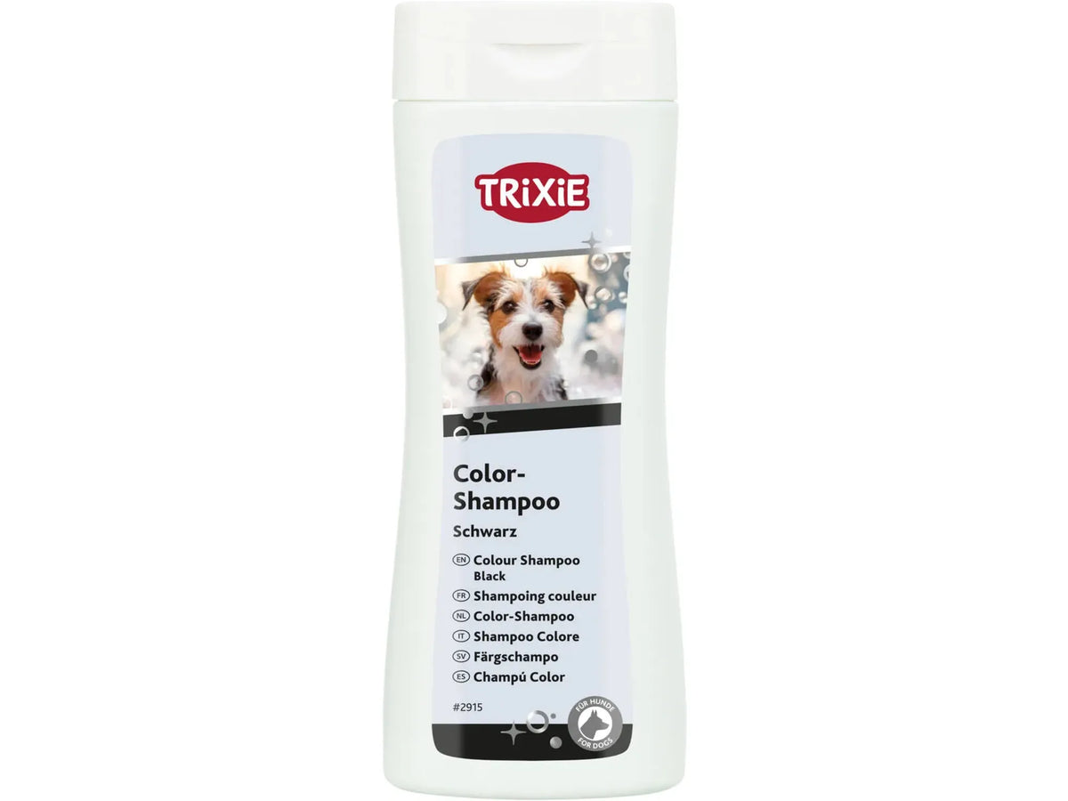 Trixie Black Out Shampoo 250 ml (Color-Shampoo sort) – hvit flaske med bilde av svart labrador, for sort og mørk pels