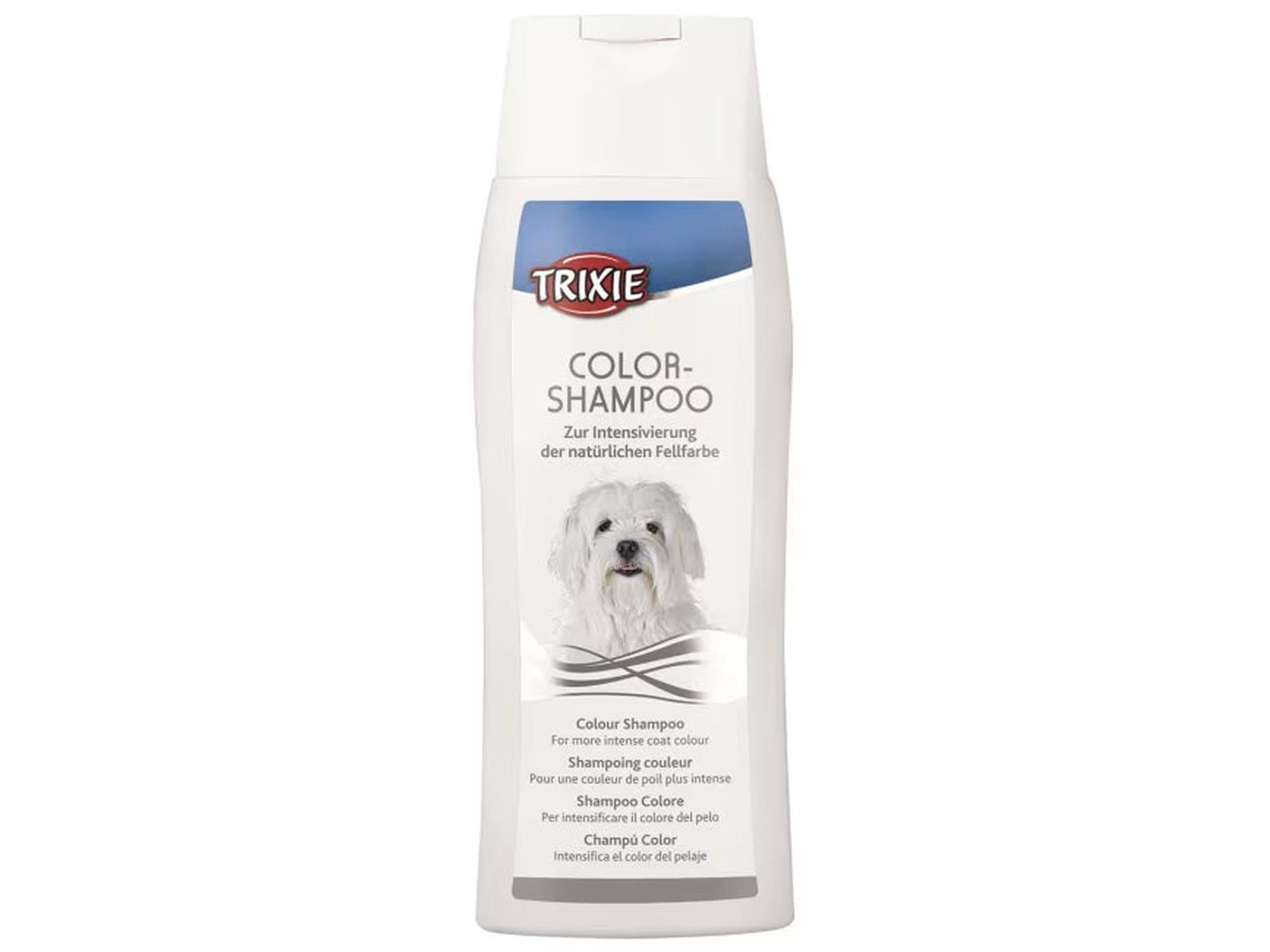Trixie Color-Shampoo 250 ml flaske for hvit pels, med en hvit hund på etiketten.