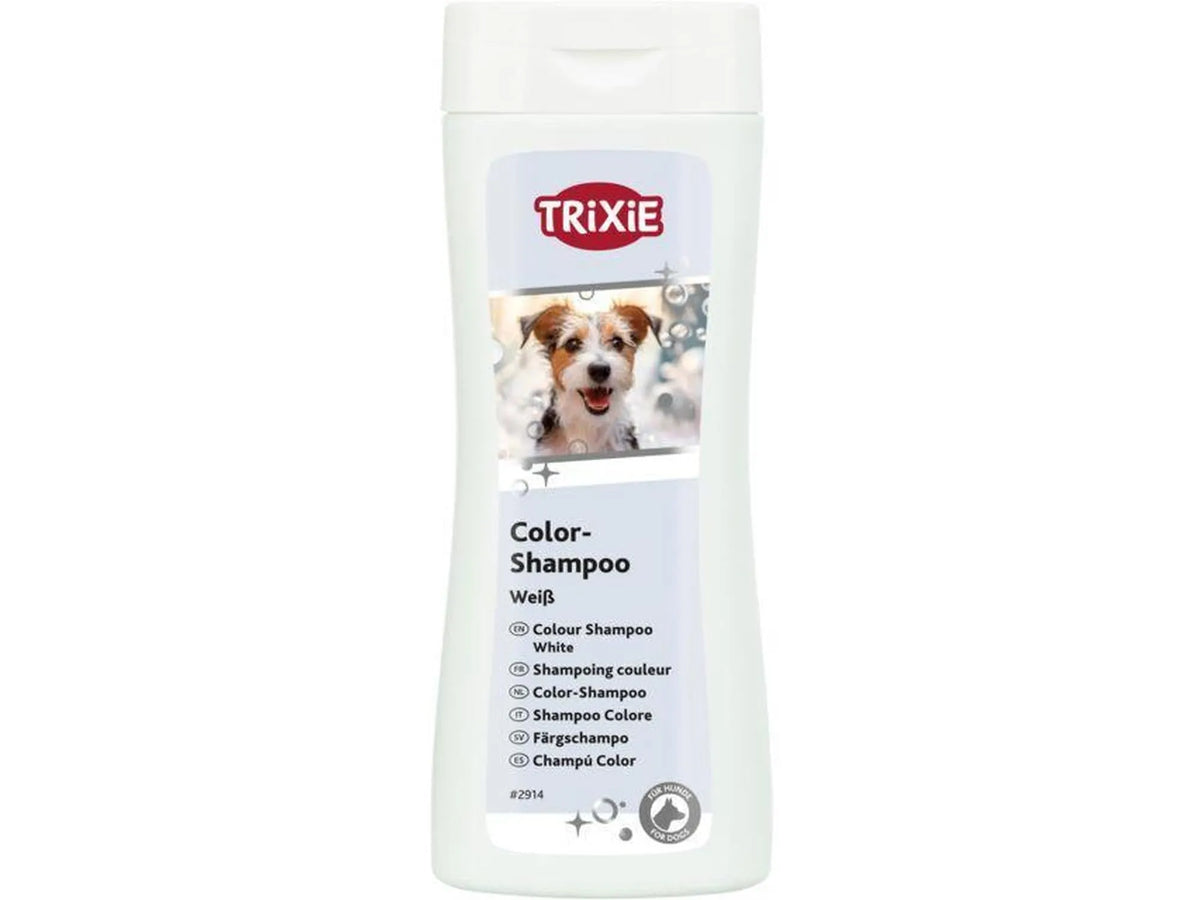 Trixie Bright White Shampoo 250 ml flaske for hvit og lys pels, med bilde av en hund.