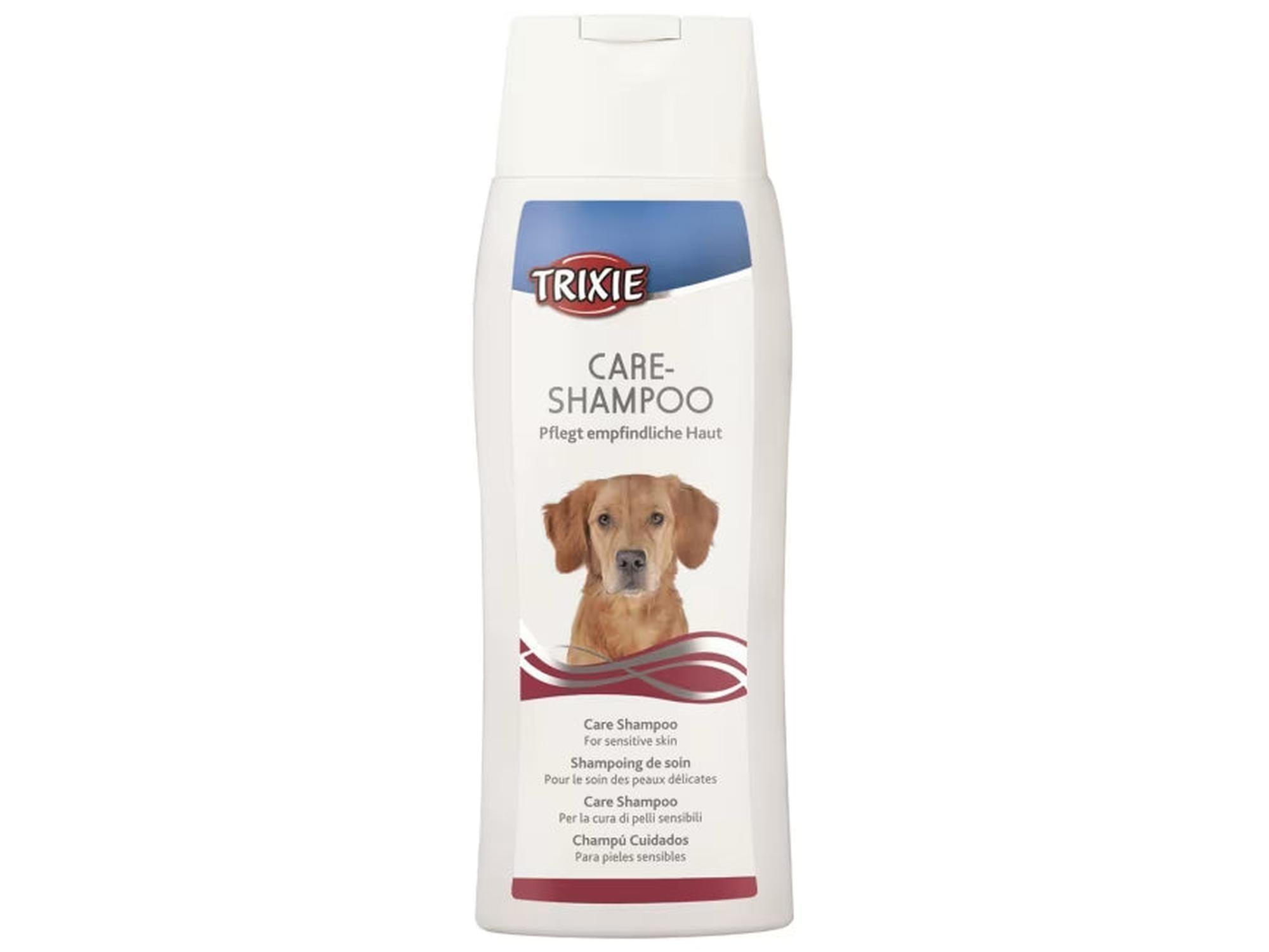 Trixie Care Shampoo 250 ml flaske for sensitiv hud, med bilde av en golden retriever.