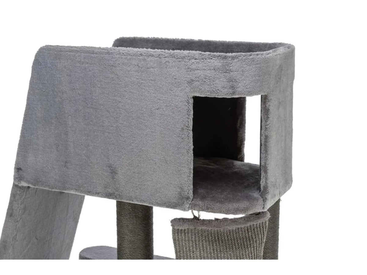 Grått Trixie Cat Tower Active med klatrerampe, sisalstolper, og koselig hule.