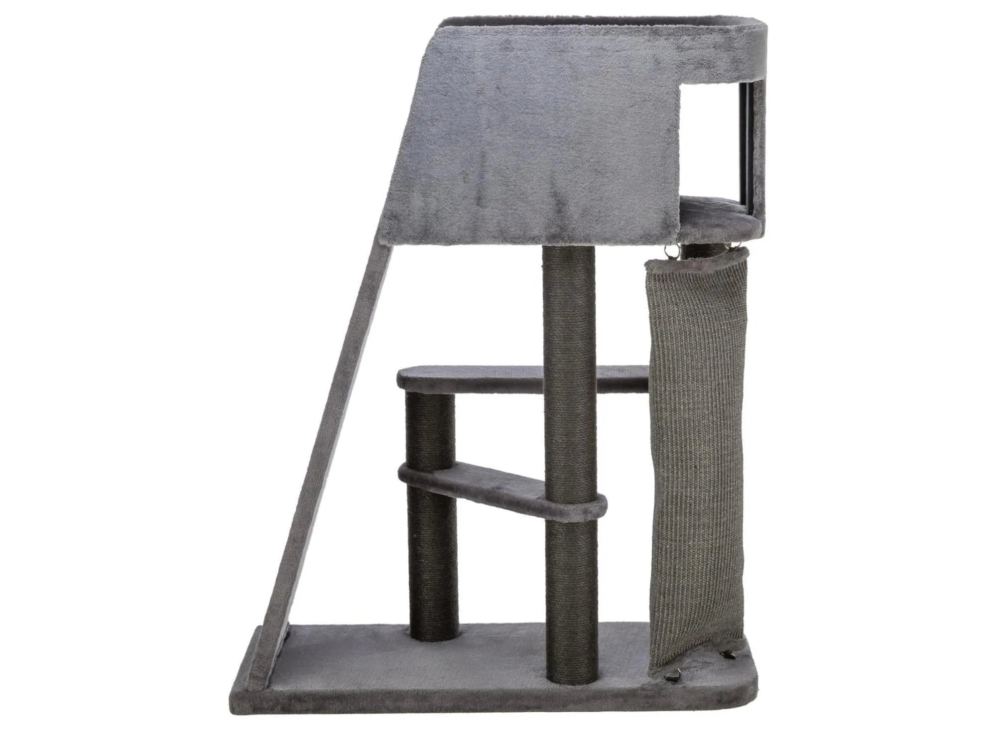 Trixie Cat Tower Active i grå plysj med sisalklorestolper, klatrerampe og flere nivåer.