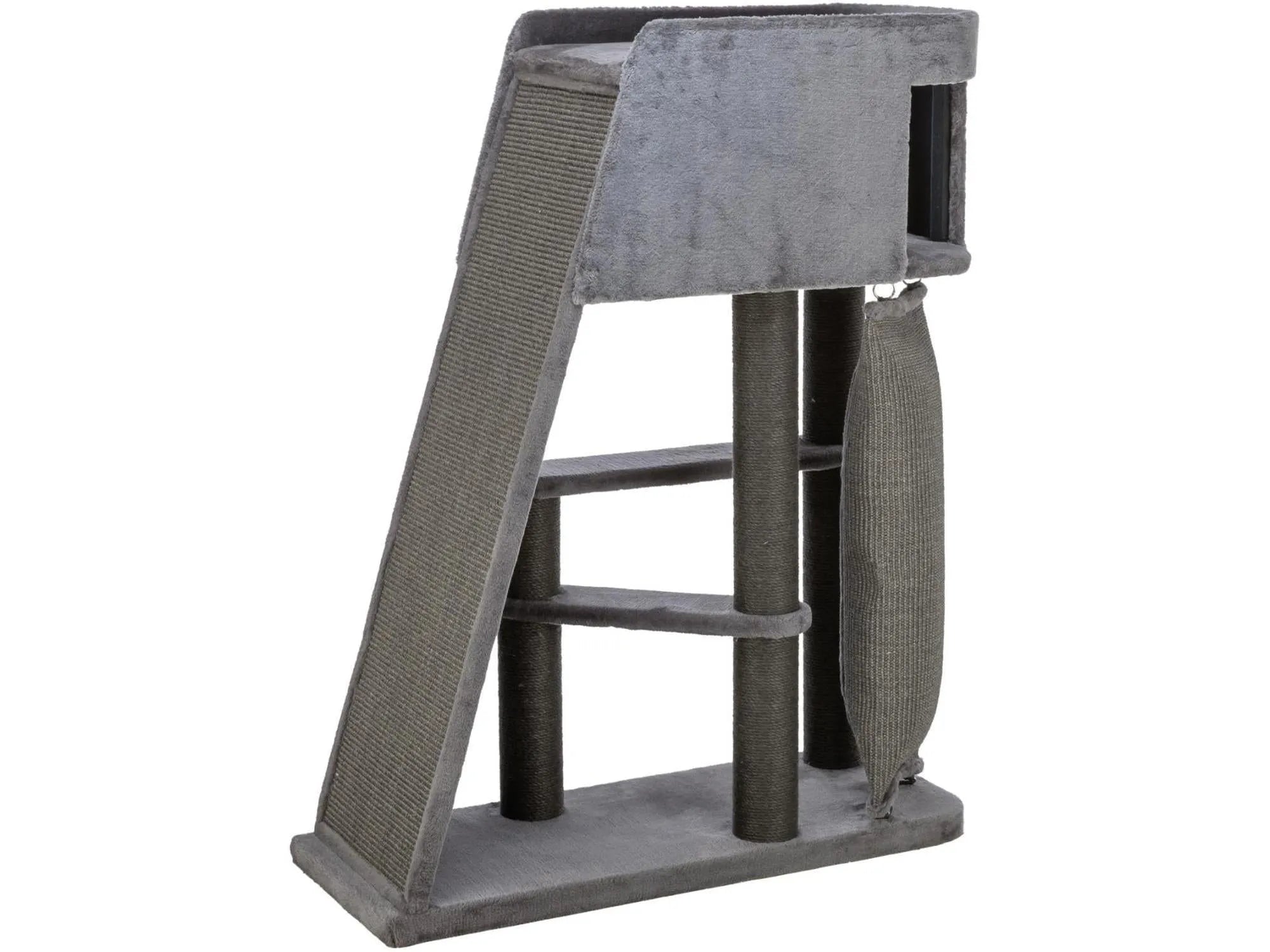 Grått Trixie Cat Tower Active med sisalkledd klatrerampe, flere nivåer og hengekøye.