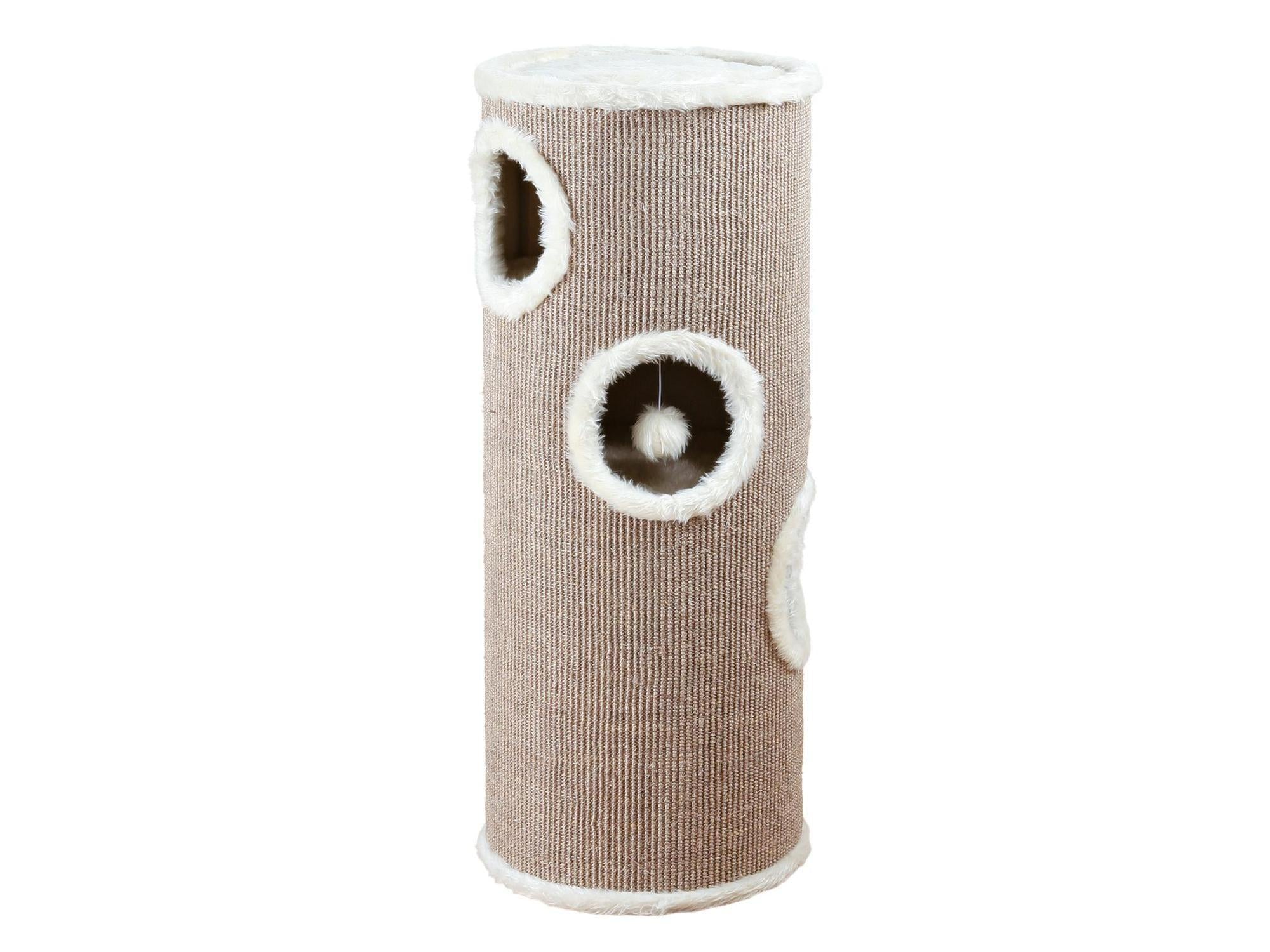 Trixie Cat Tower klorestativ i beige sisal med hvite plysjkanter og flere innganger.