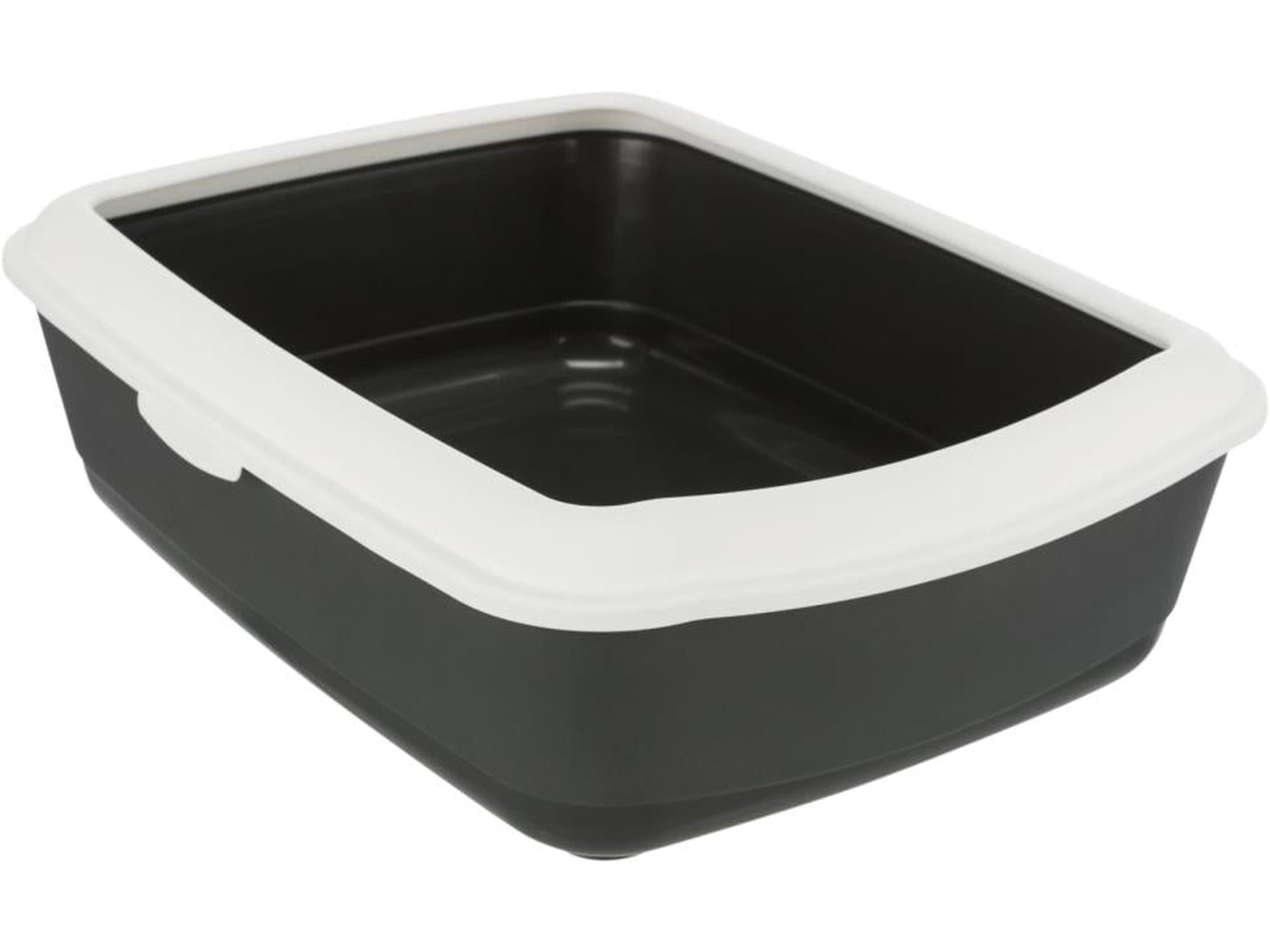 Svart Trixie Classic kattebakke i plast med hvit forhøyet kant for å redusere søl.