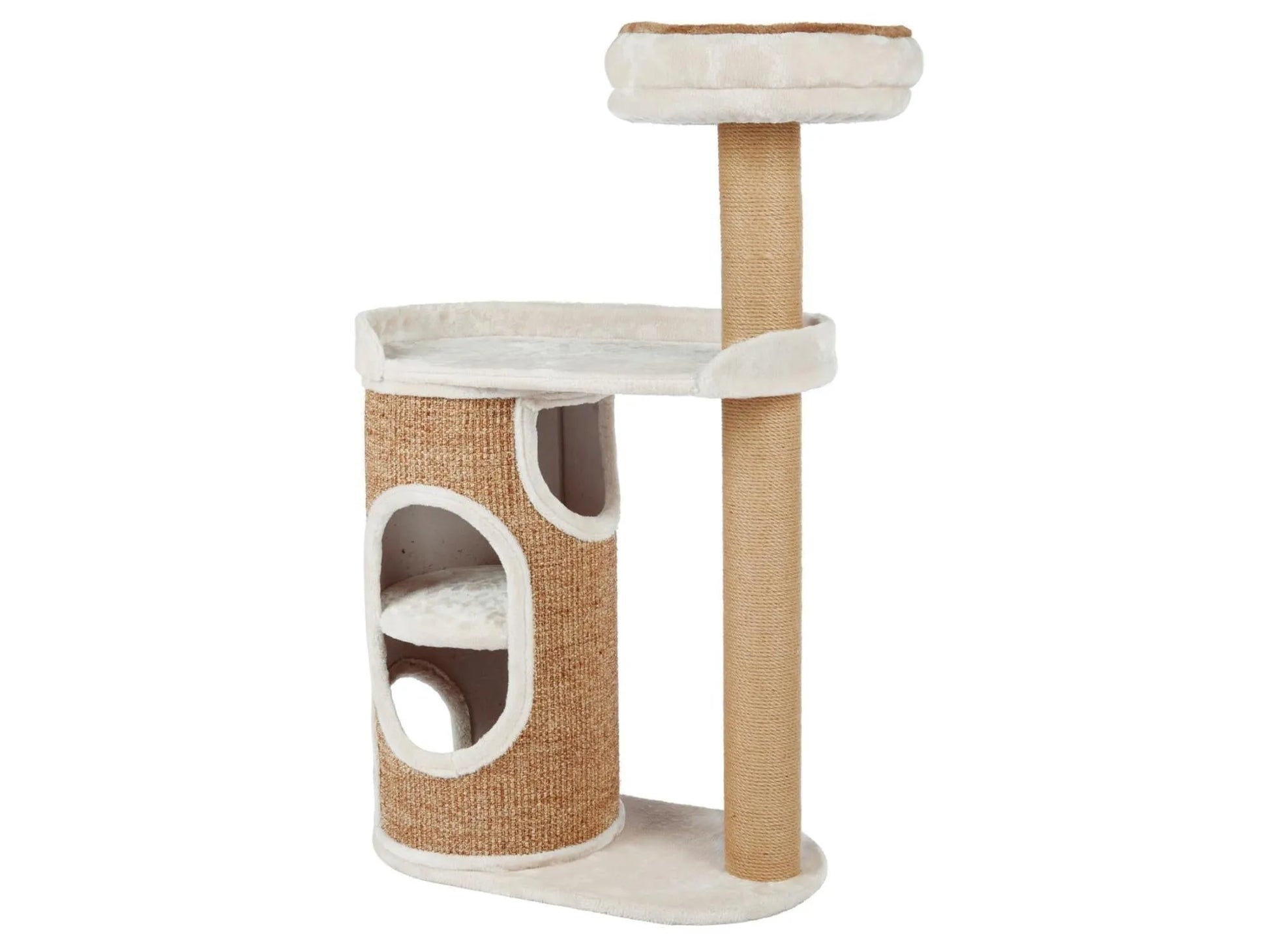 Trixie Falco klorestativ i beige sisal og plysj med flere nivåer, hule og liggeplasser.