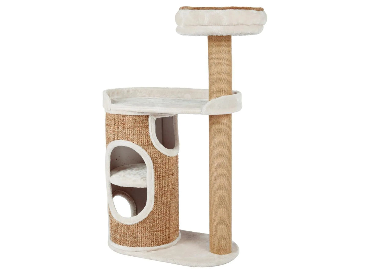 Trixie Falco klorestativ i beige sisal og plysj med flere nivåer, hule og liggeplasser.