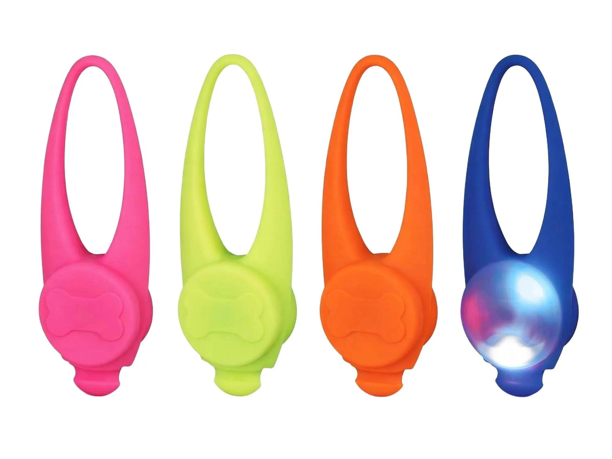Fire Trixie Flasher hundelys i silikon: rosa, limegrønn, oransje og blå med lys på.