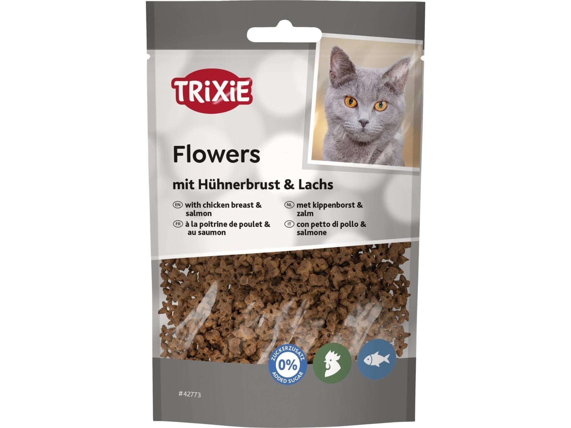 Trixie Flowers kattegodbiter med kyllingebryst og laks i en grå pose med bilde av en katt.