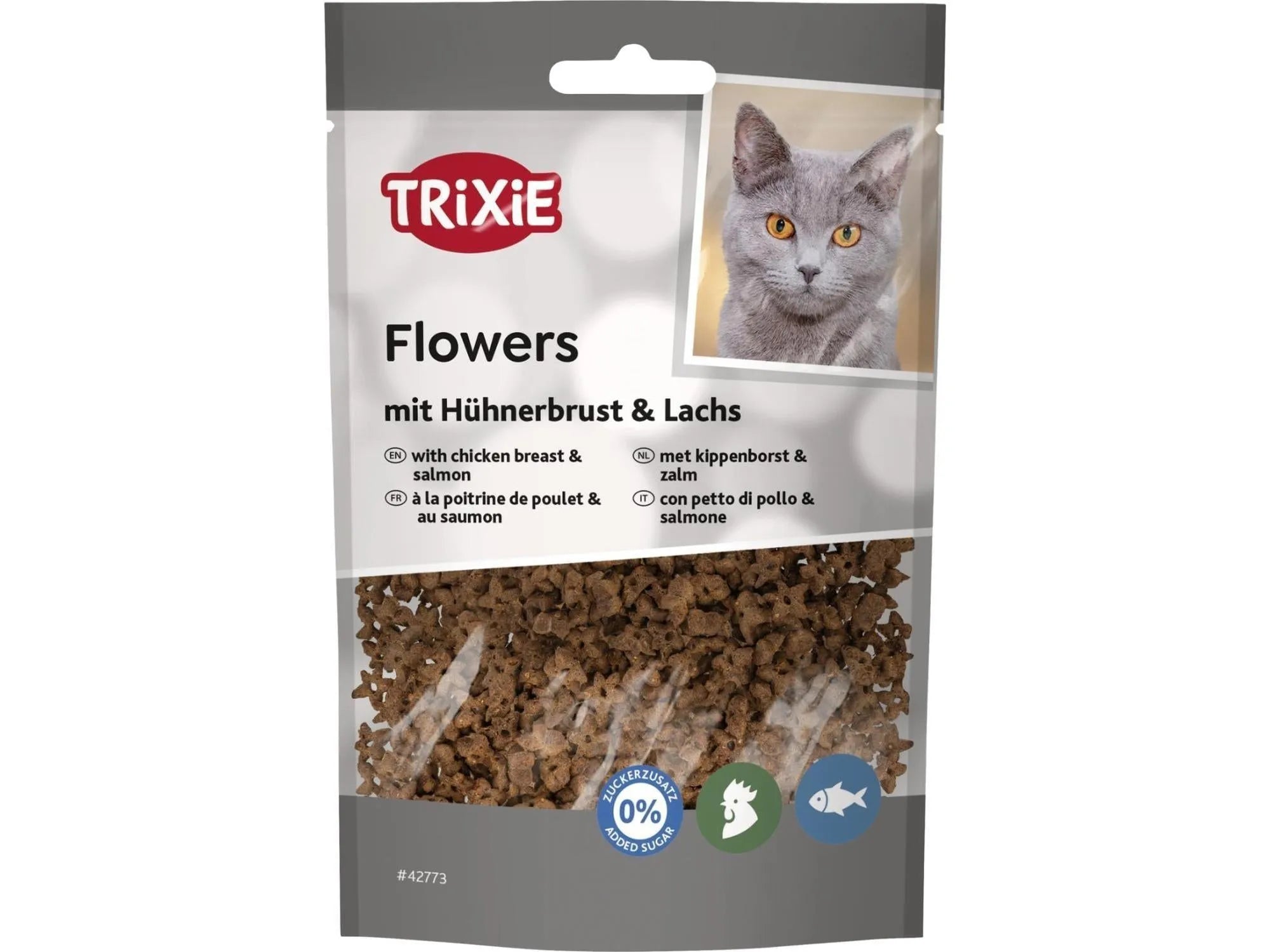 Trixie Flowers kattegodbiter med kyllingebryst og laks i en grå pose med bilde av en katt.