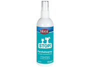 Hvit Trixie Gå Vekk Spray 175 ml flaske med blå og turkis etikett, viser katt- og hundesymboler.