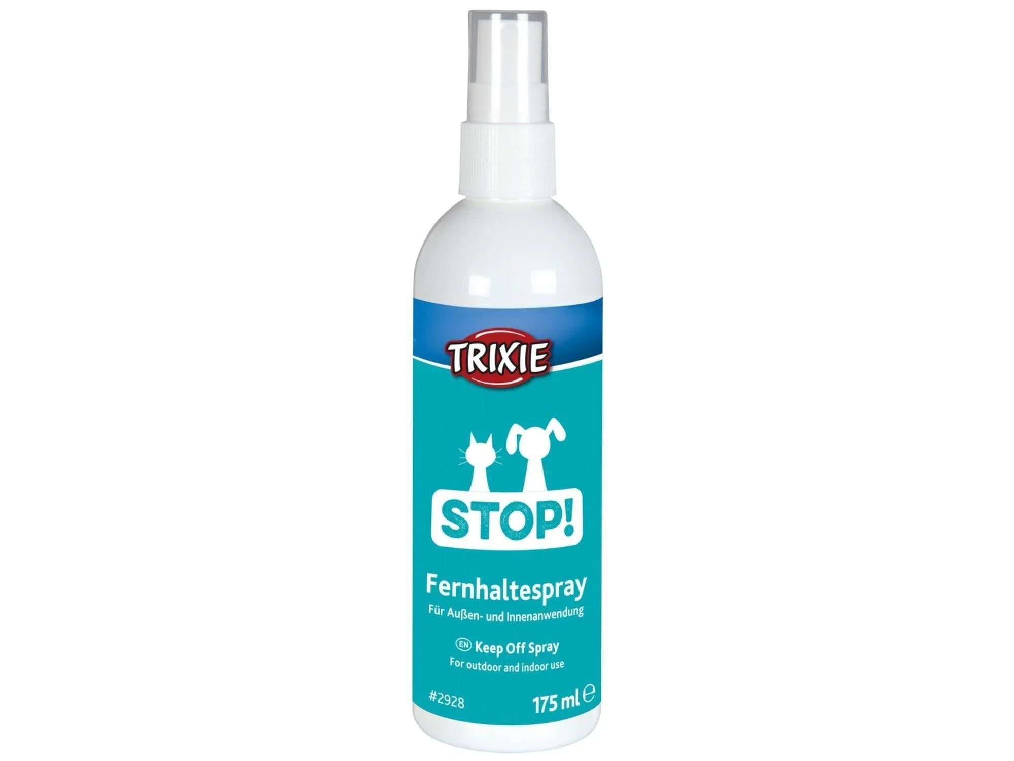 Hvit Trixie Gå Vekk Spray 175 ml flaske med blå og turkis etikett, viser katt- og hundesymboler.