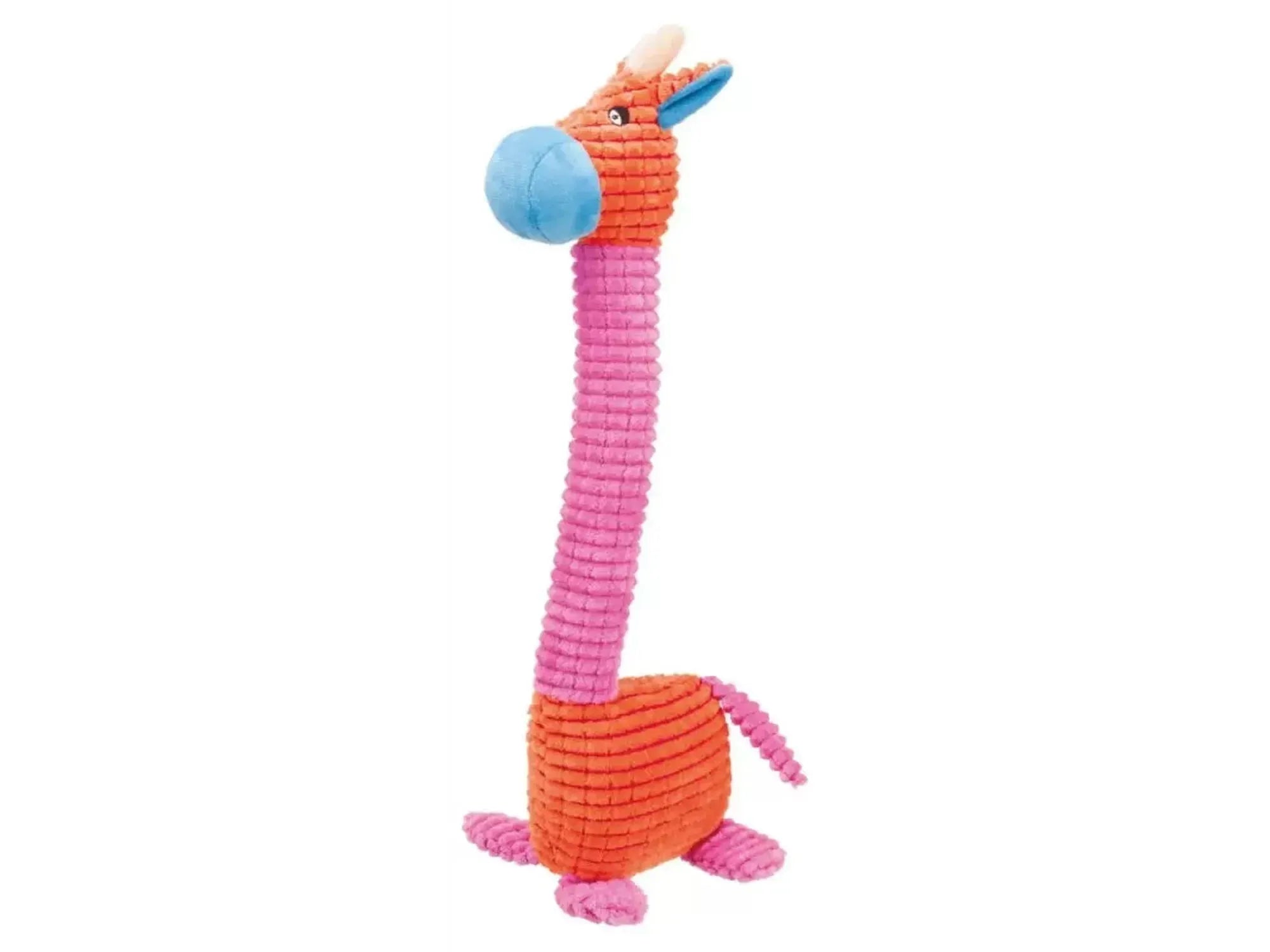 Trixie Giraff 52 cm, myk hundeleke i oransje og rosa plysj med blå snute og ører.