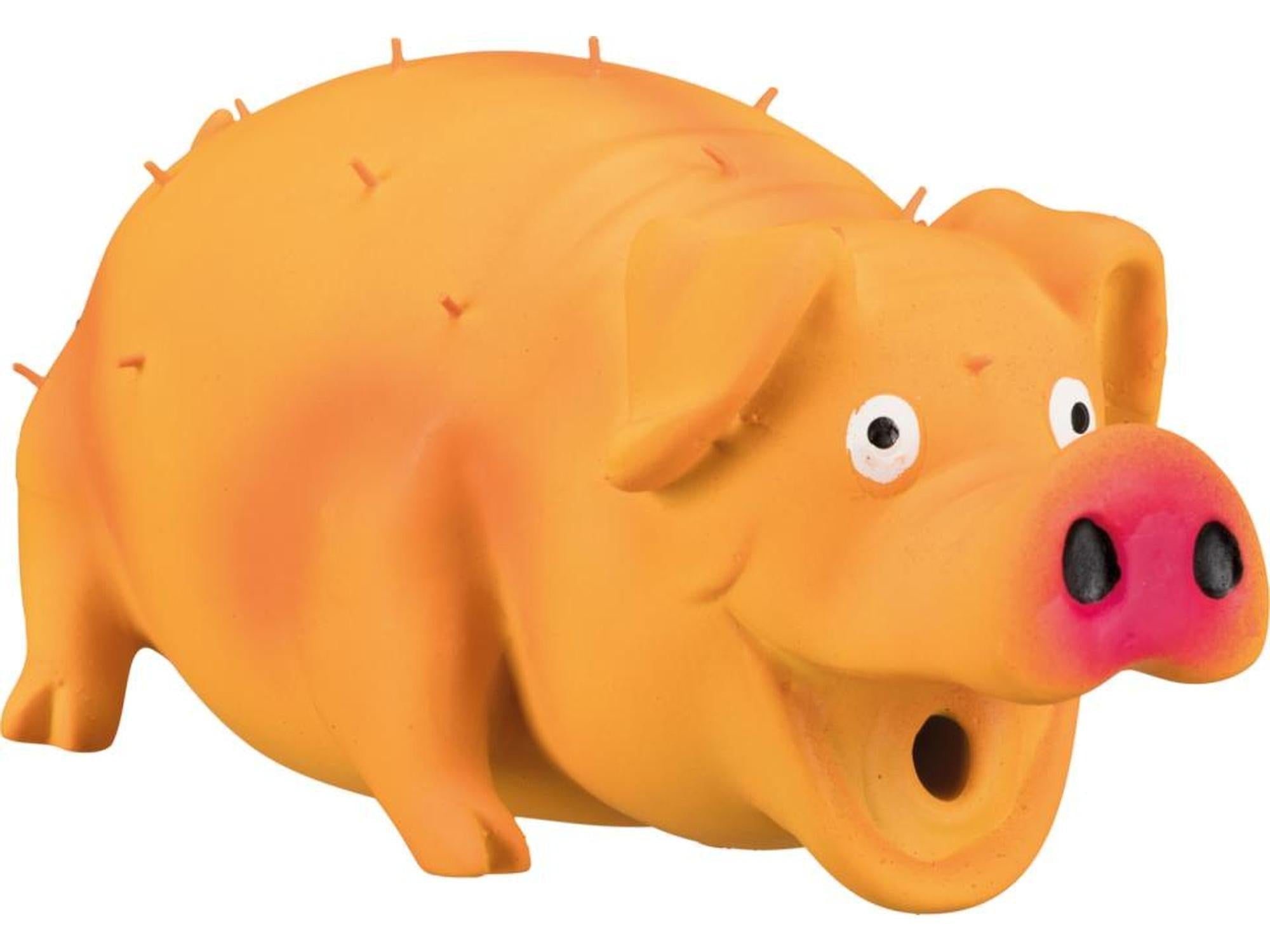 Oransje Trixie gris hundeleketøy i latex med børster, rosa snute og lyd.