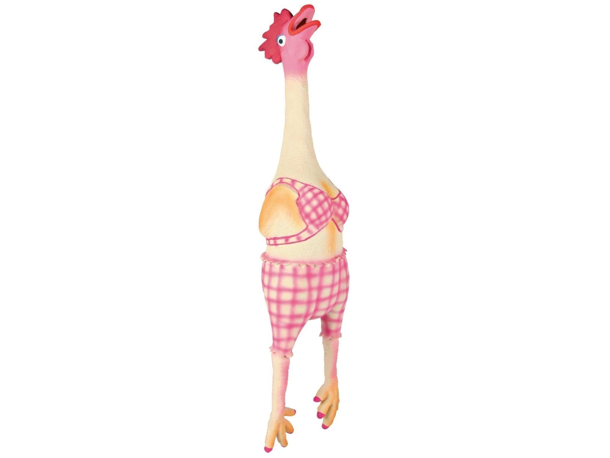 Trixie Høne hundeleketøy i latex, 48 cm, med rosa hode, føtter og rutete bikini.