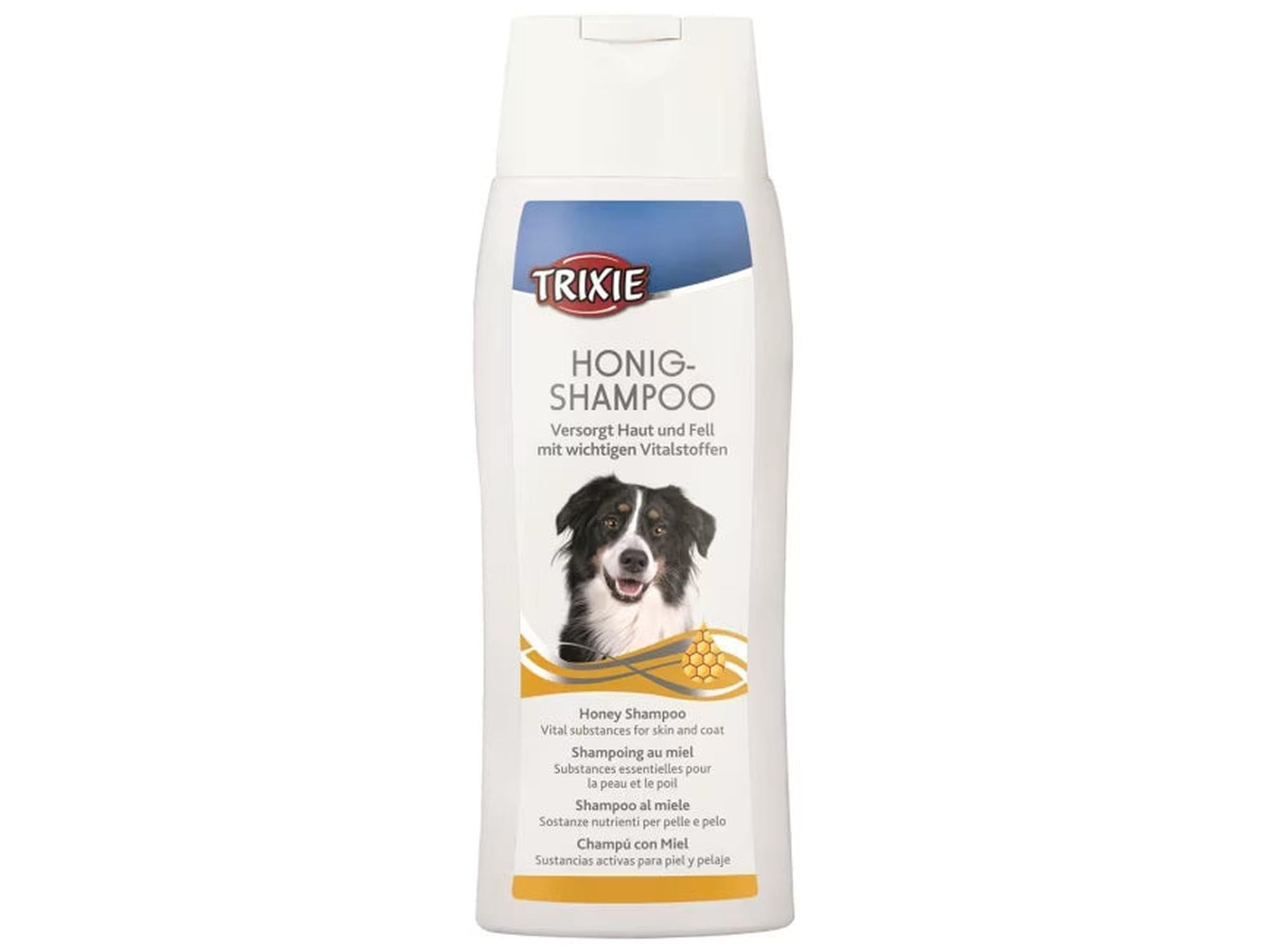 Trixie Honning Shampoo 250 ml flaske med bilde av en hund og honningdesign.