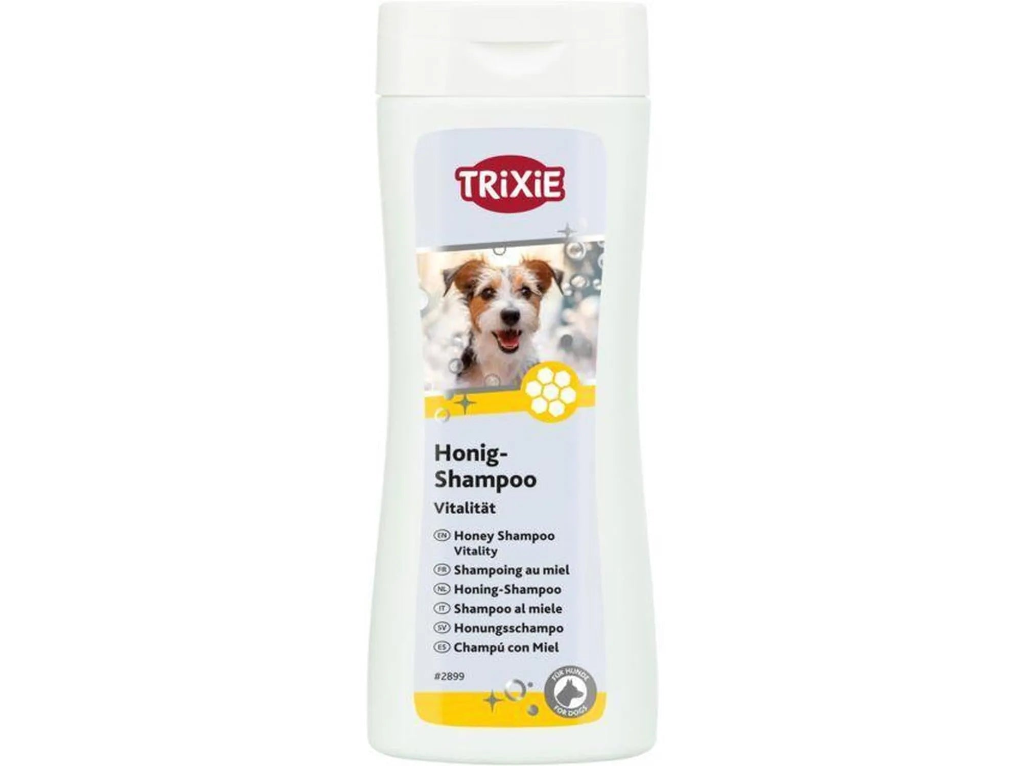 Hvit Trixie Honning-Shampoo flaske med bilde av en hund og honningkake-design.