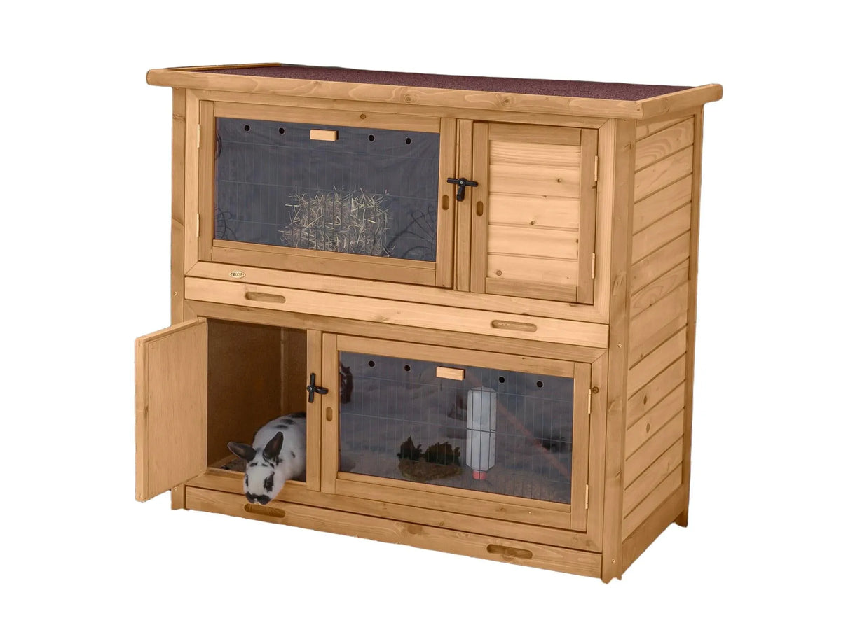 Mørk brun Trixie isolert smådyrbur i 2 etasjer for kanin/marsvin, 116x113x65cm, med nettingdører og uttrekkbar bunn.