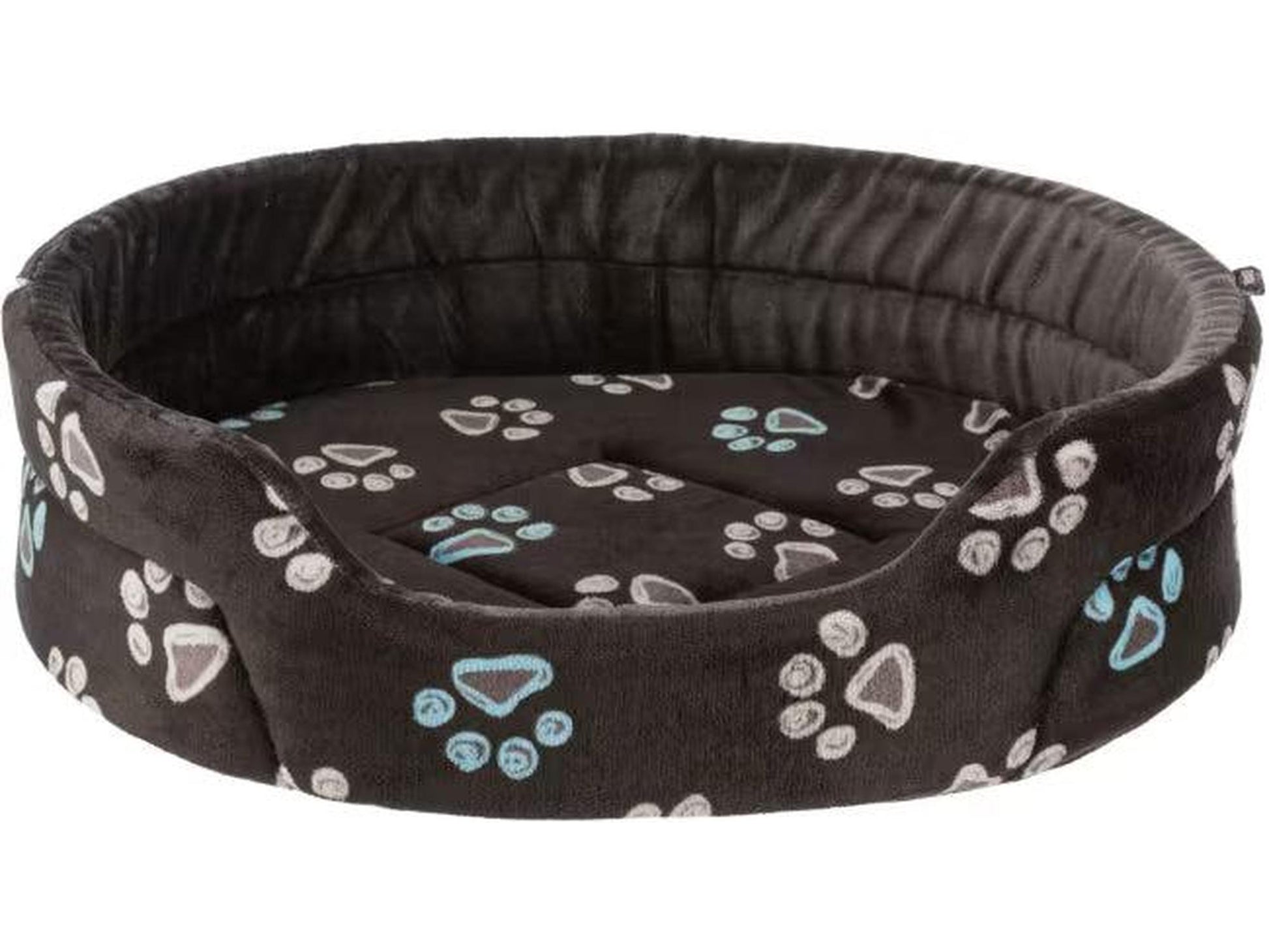 Trixie Jimmy hundeseng i taupe plysj med myk polstring, vendbar pute og dekorative potemotiver.