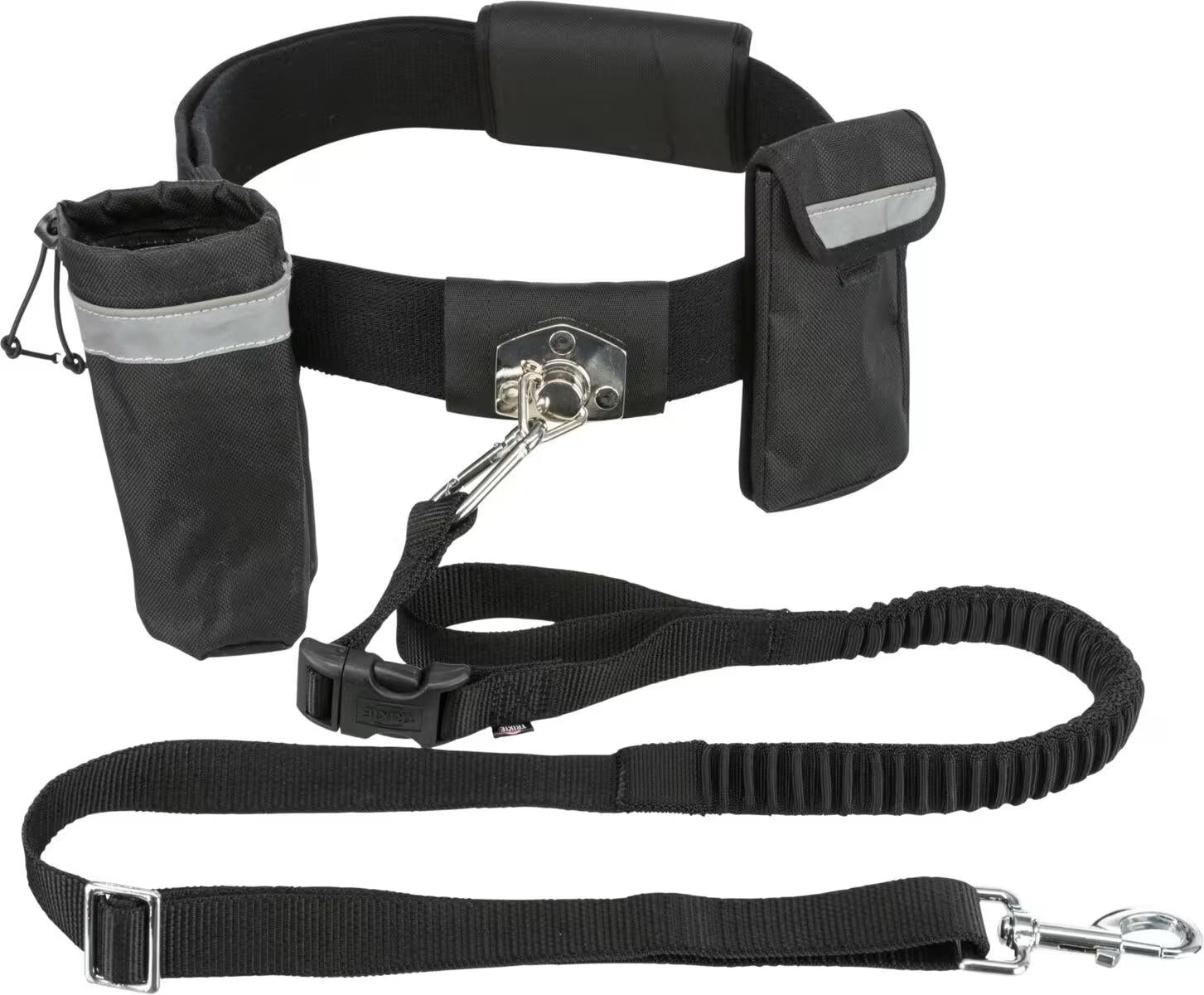 Svart Trixie Joggeline joggebelte med polstring, refleksdetaljer, avtagbare lommer og elastisk hundeline.
